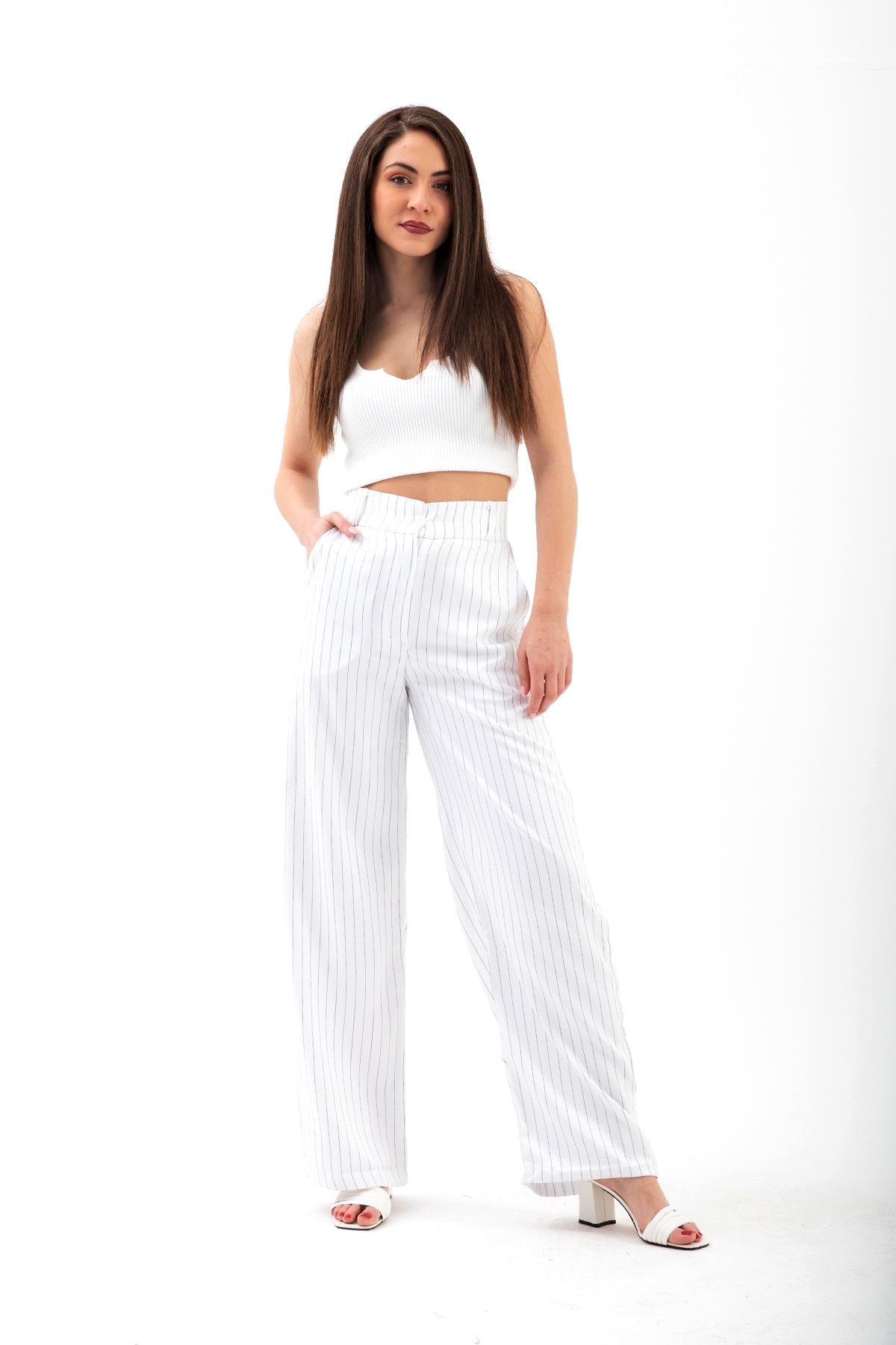 High Waist Striped Women's Palazzo Pants - Ecru - STREETMODE ™