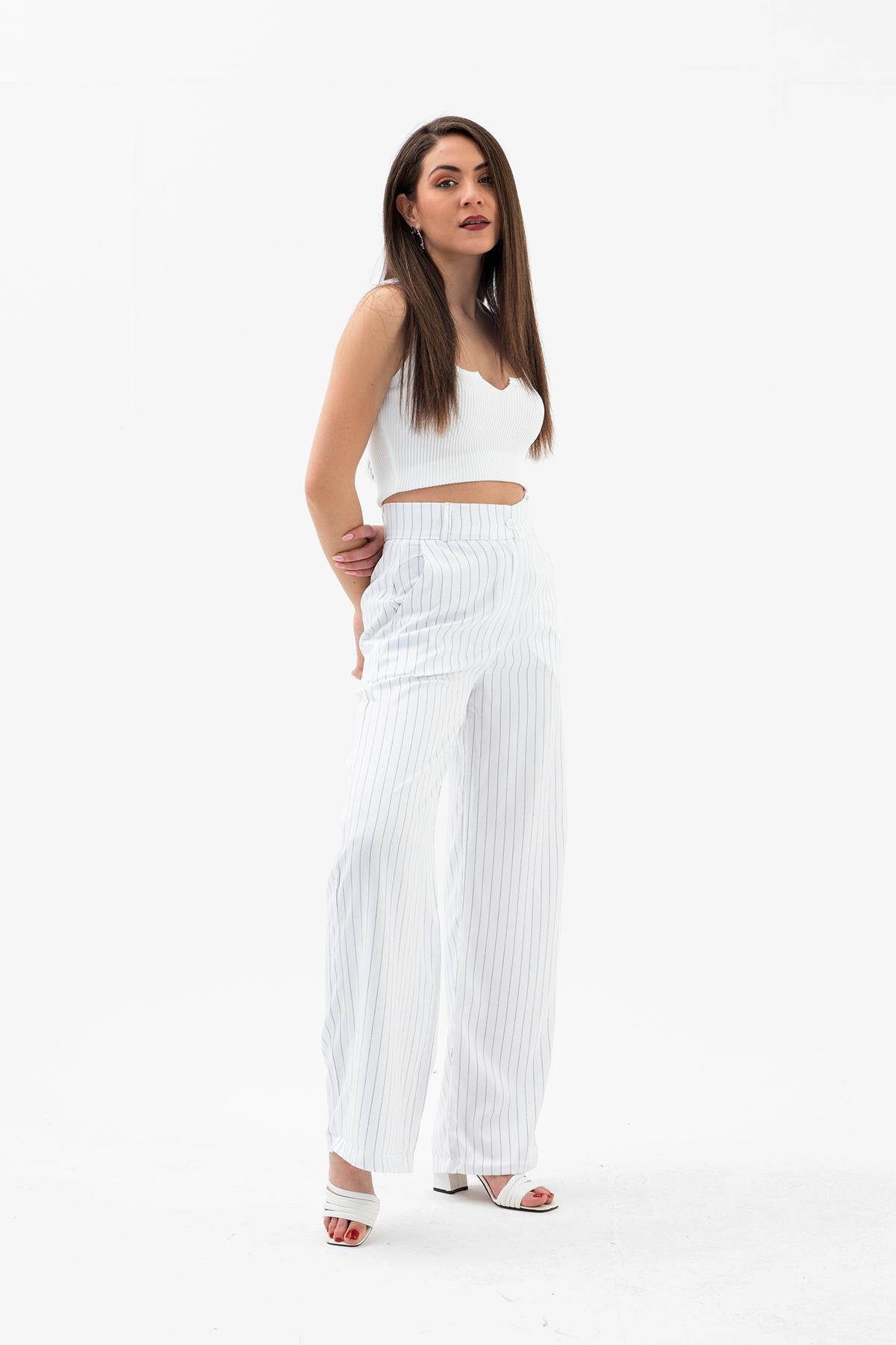 High Waist Striped Women's Palazzo Pants - Ecru - STREETMODE ™