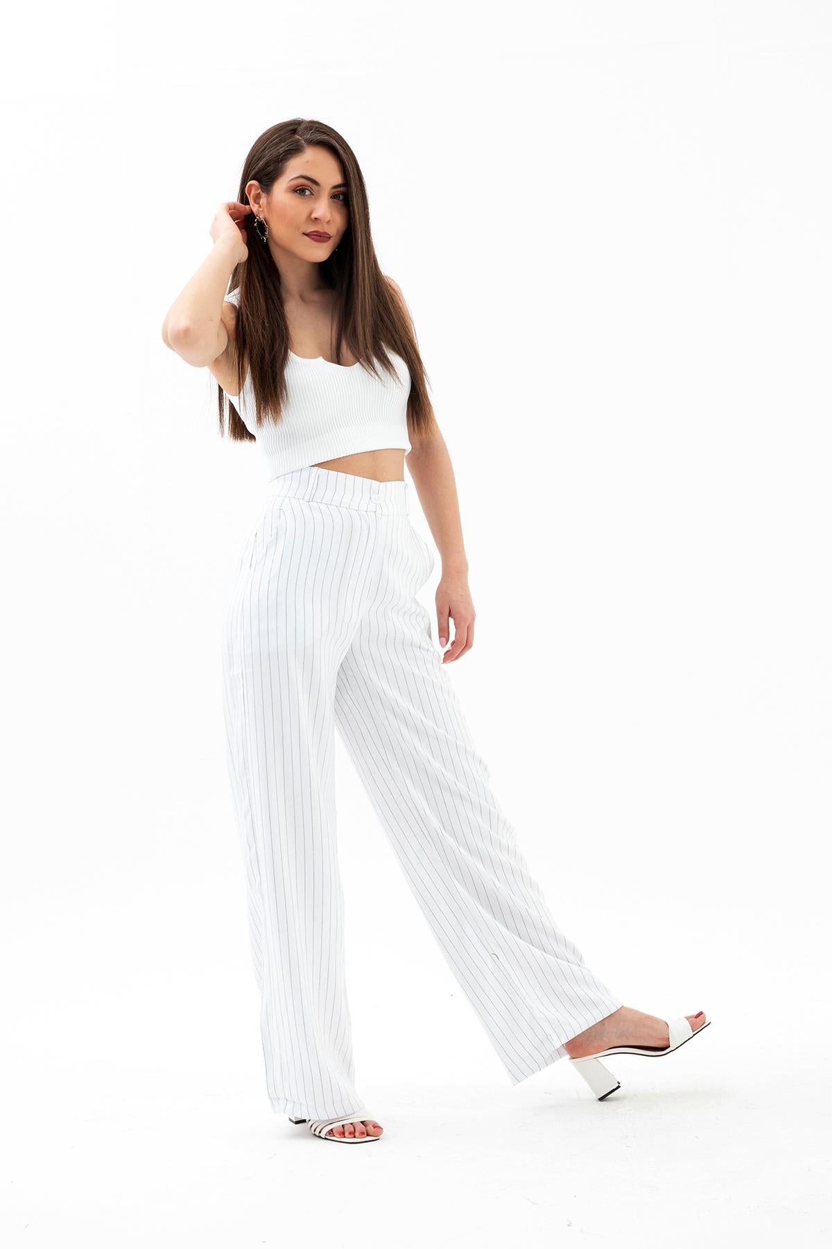 High Waist Striped Women's Palazzo Pants - Ecru - STREETMODE ™