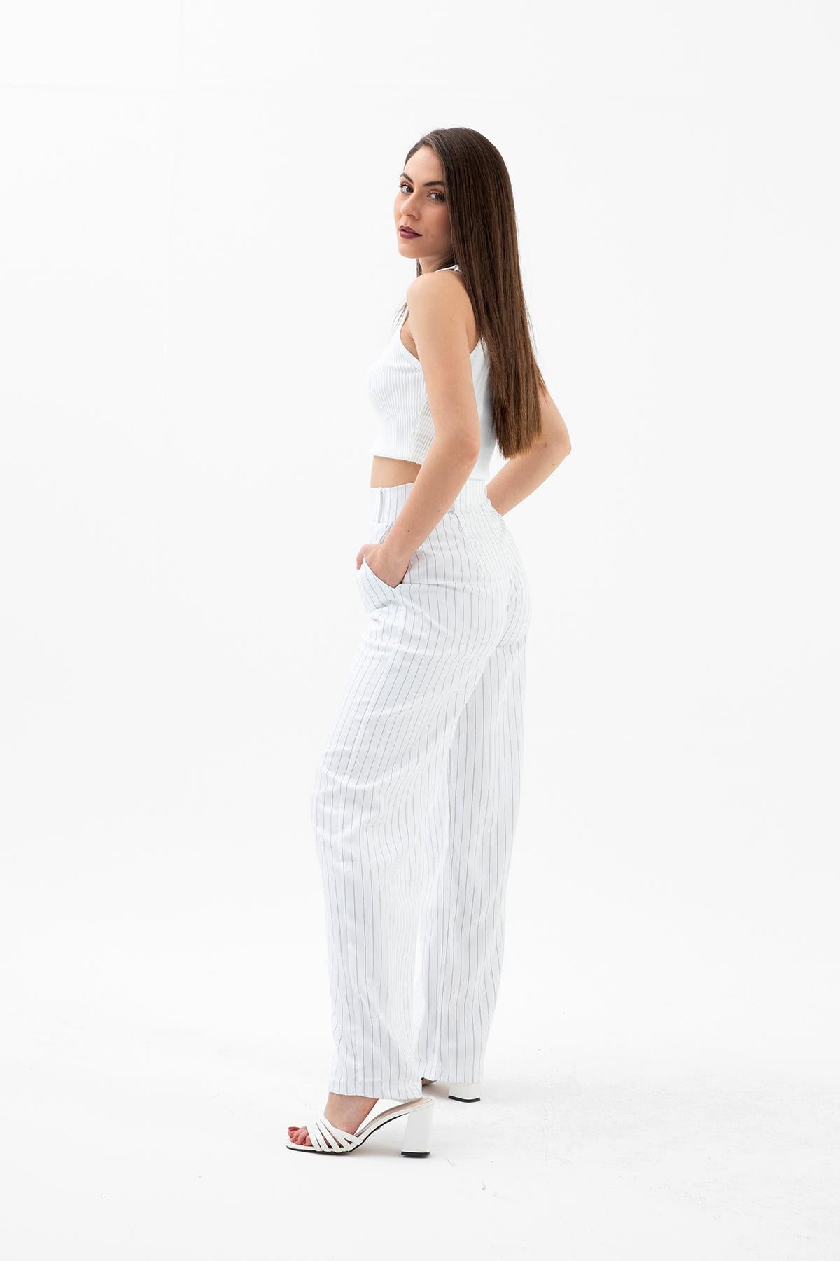 High Waist Striped Women's Palazzo Pants - Ecru - STREETMODE ™