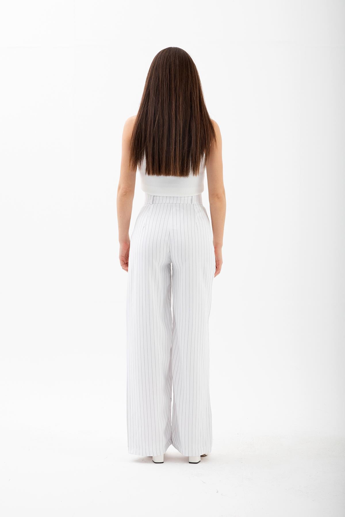 High Waist Striped Women's Palazzo Pants - Ecru - STREETMODE ™