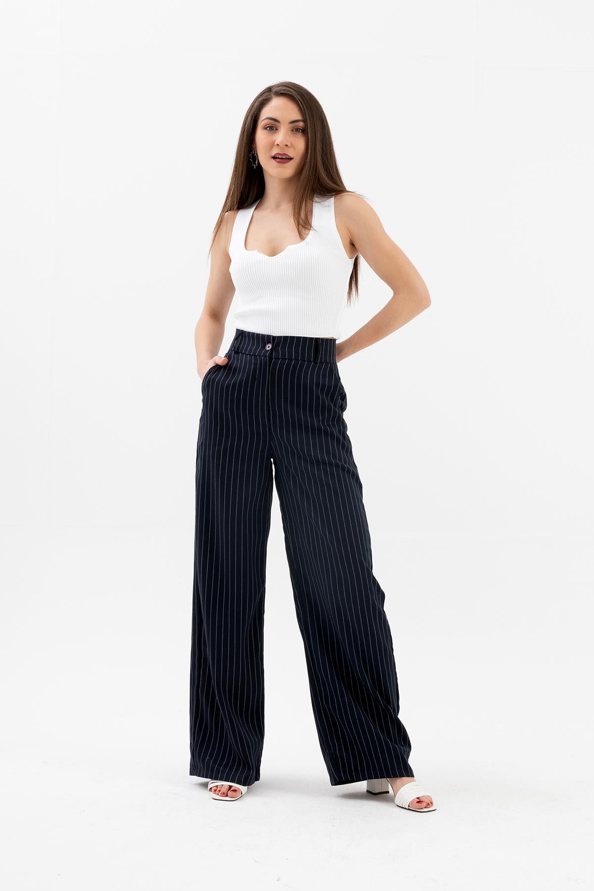 High Waist Striped Women's Palazzo Trousers - Navy Blue - STREETMODE ™