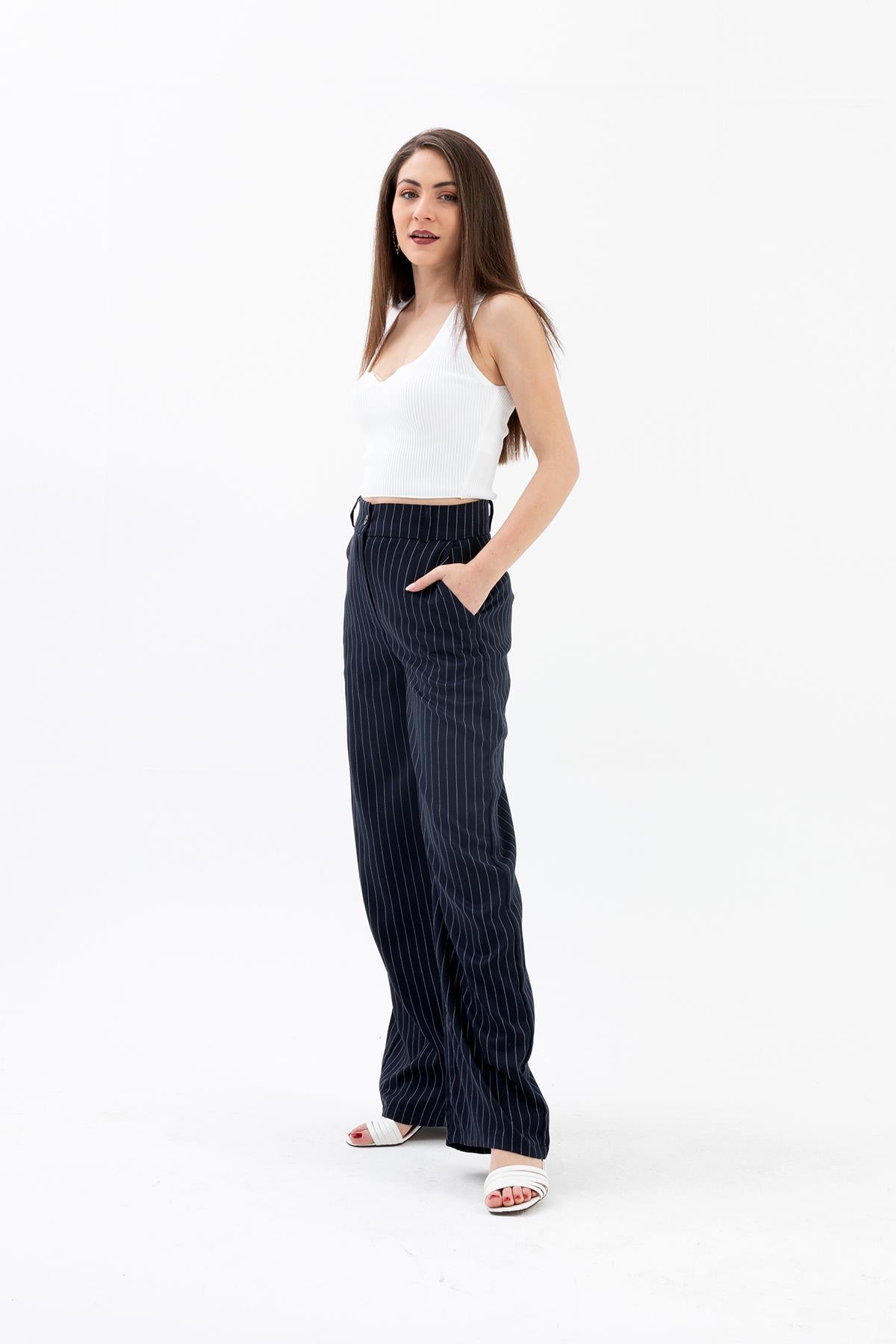 High Waist Striped Women's Palazzo Trousers - Navy Blue - STREETMODE ™