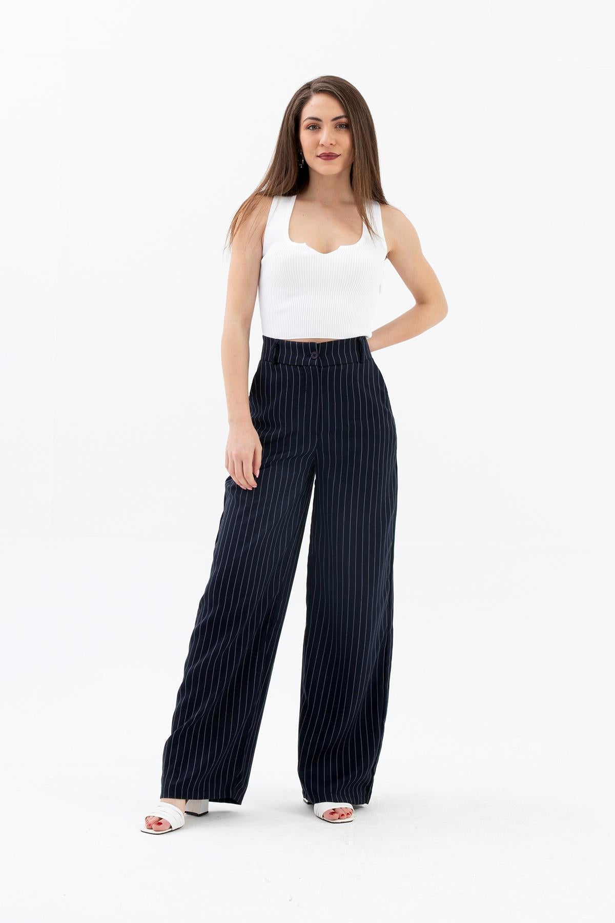 High Waist Striped Women's Palazzo Trousers - Navy Blue - STREETMODE ™