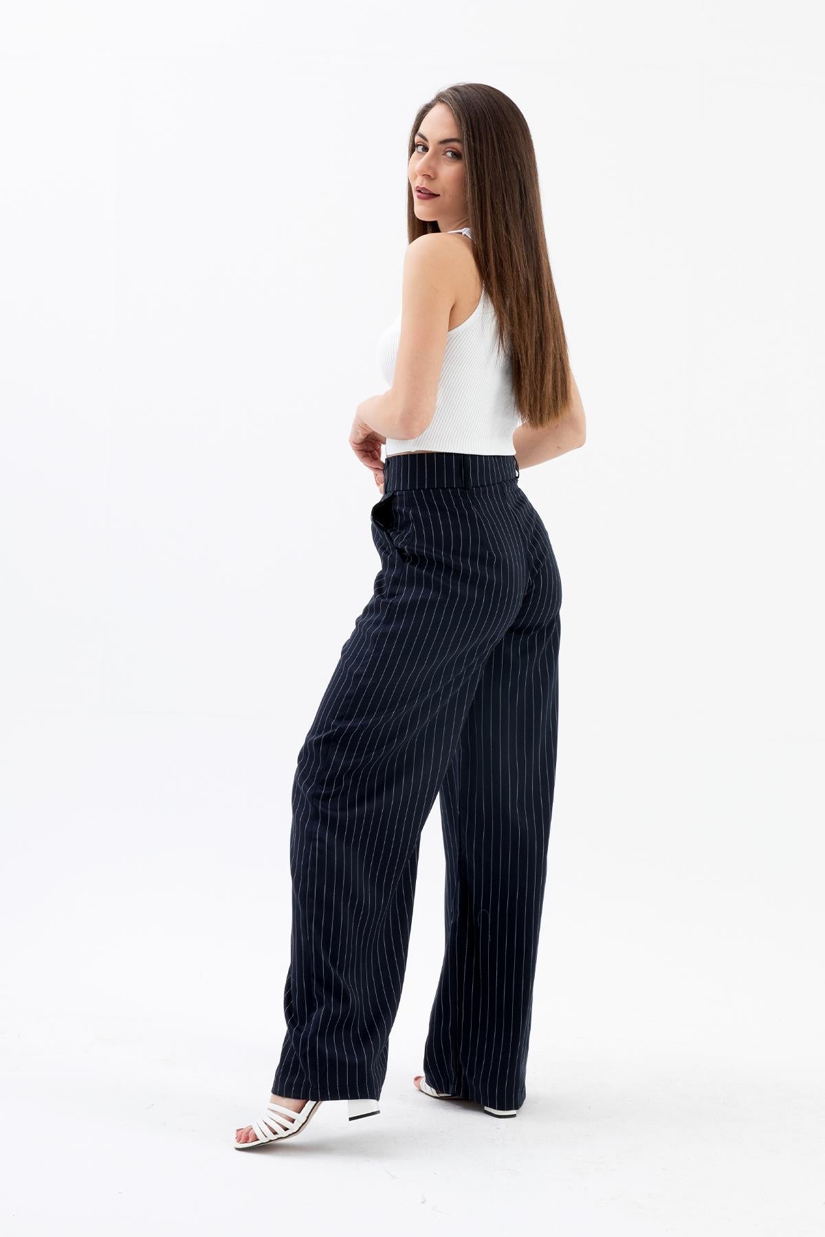 High Waist Striped Women's Palazzo Trousers - Navy Blue - STREETMODE ™