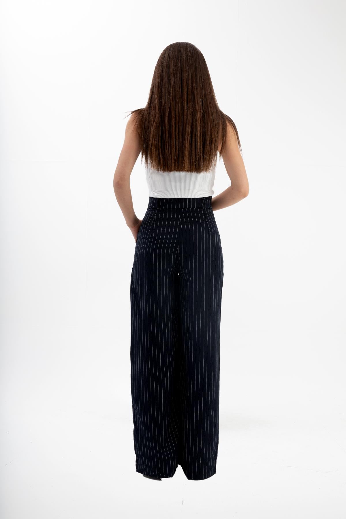 High Waist Striped Women's Palazzo Trousers - Navy Blue - STREETMODE ™