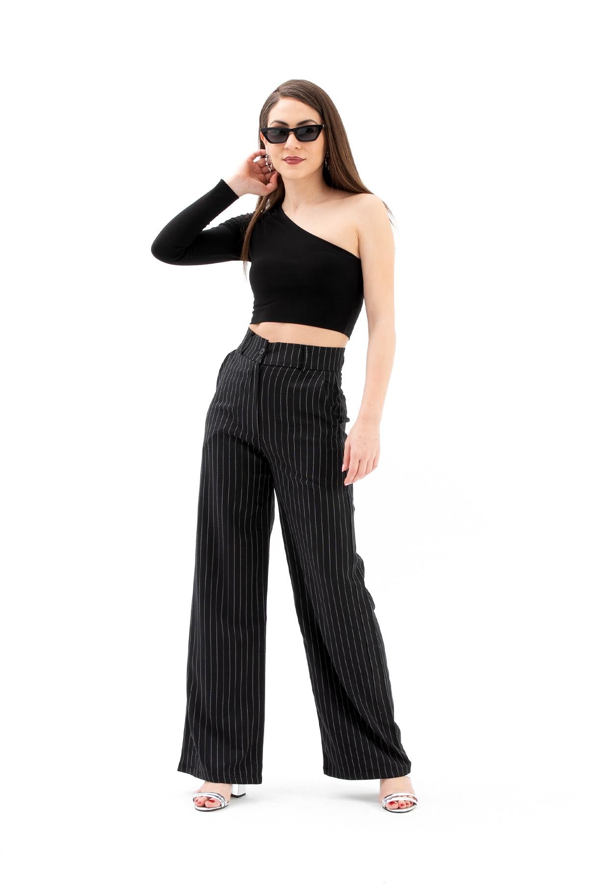 High Waist Striped Women's Palazzo Pants - Black - STREETMODE ™