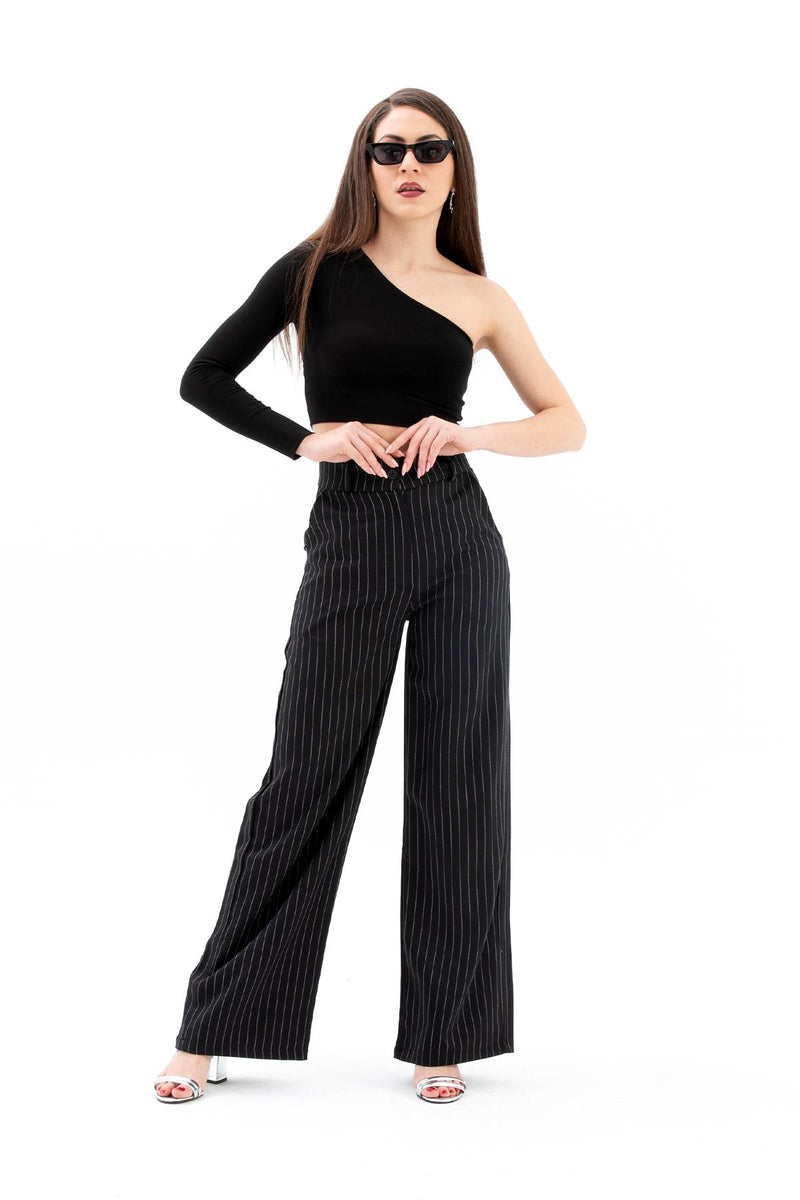 High Waist Striped Women's Palazzo Pants - Black - STREETMODE ™