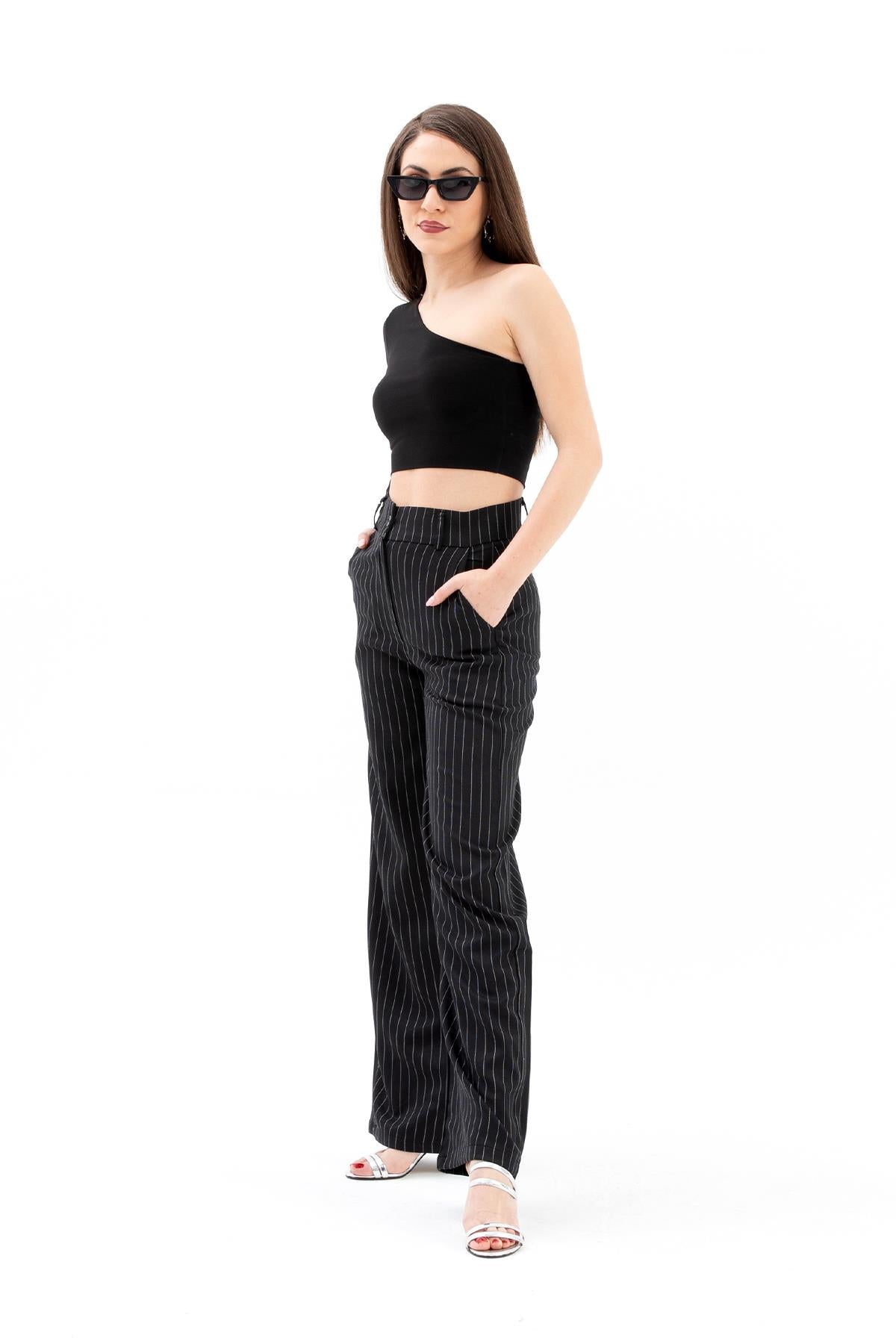 High Waist Striped Women's Palazzo Pants - Black - STREETMODE ™