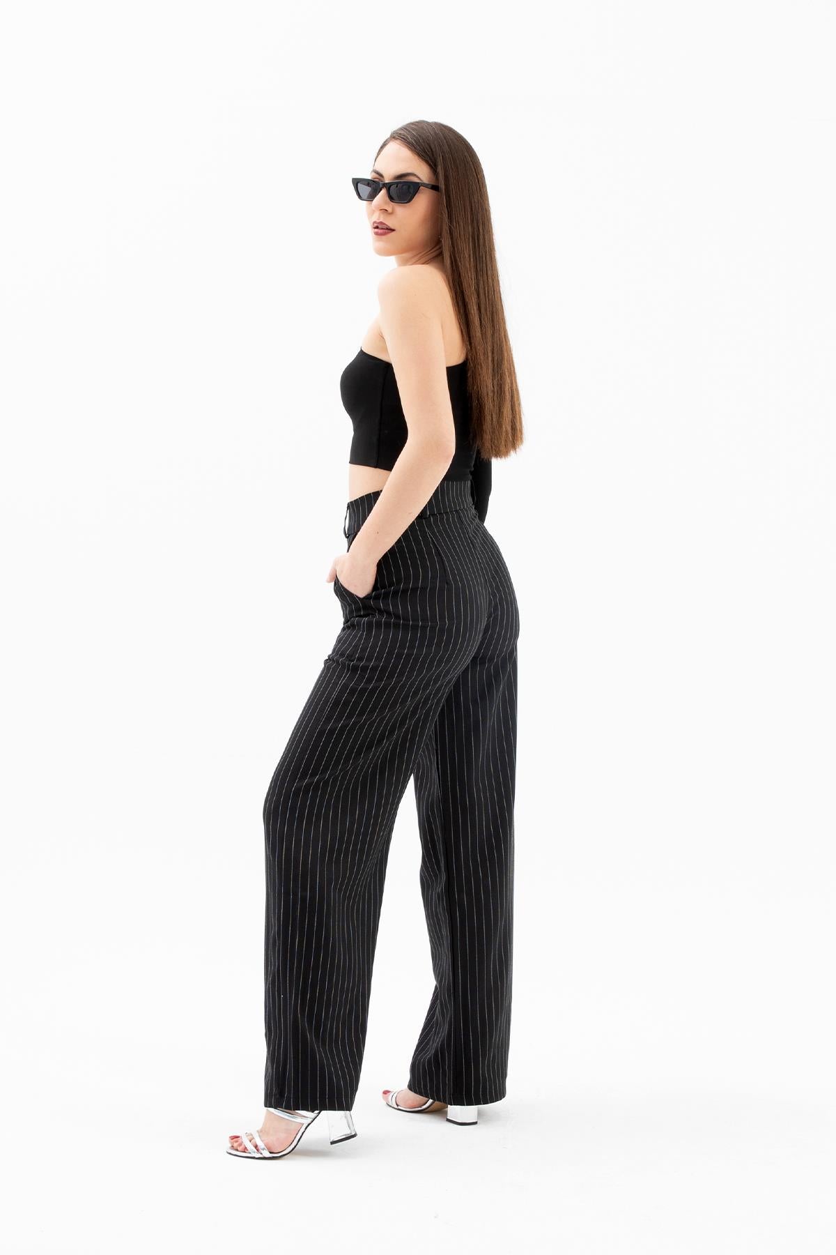 High Waist Striped Women's Palazzo Pants - Black - STREETMODE ™