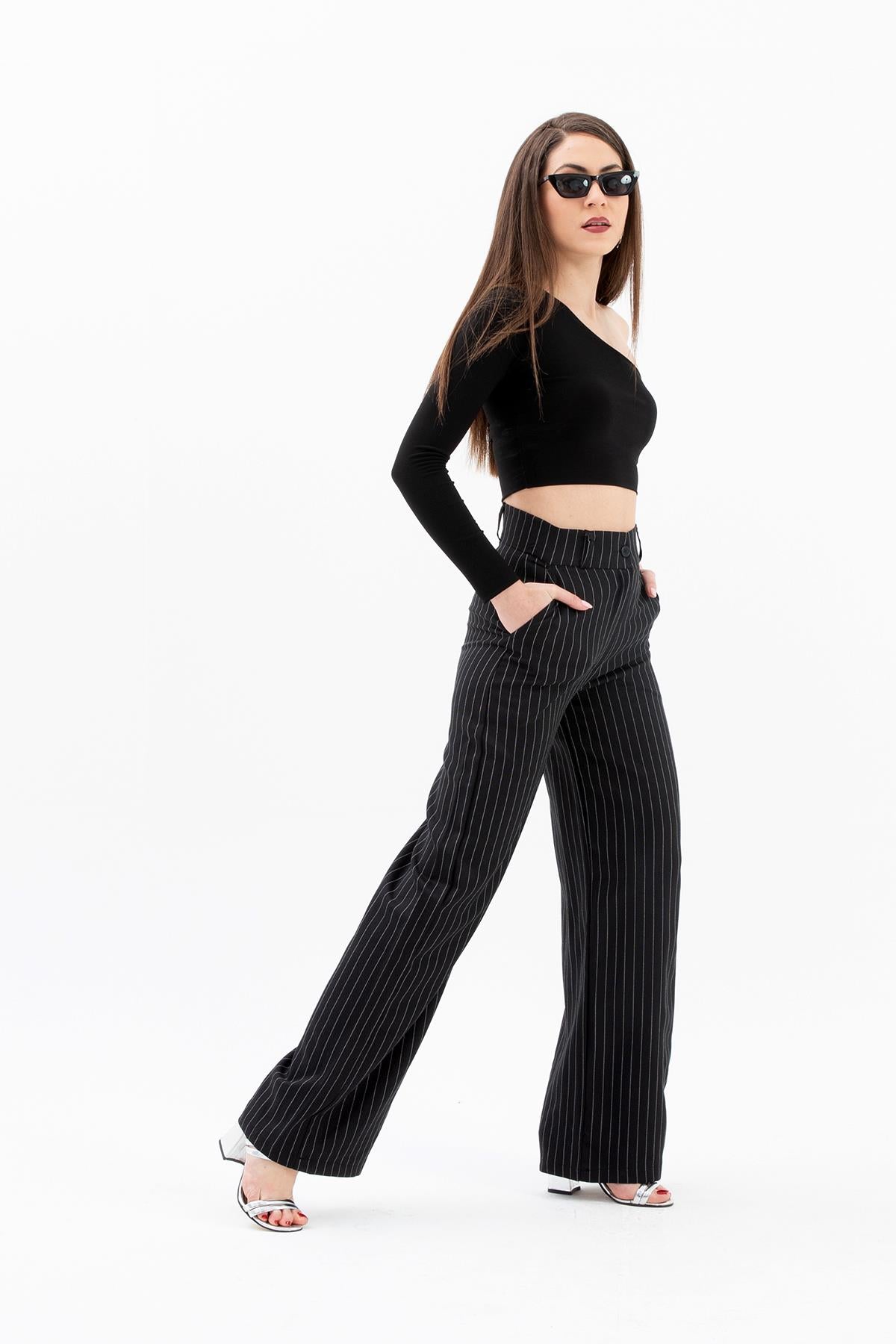 High Waist Striped Women's Palazzo Pants - Black - STREETMODE ™