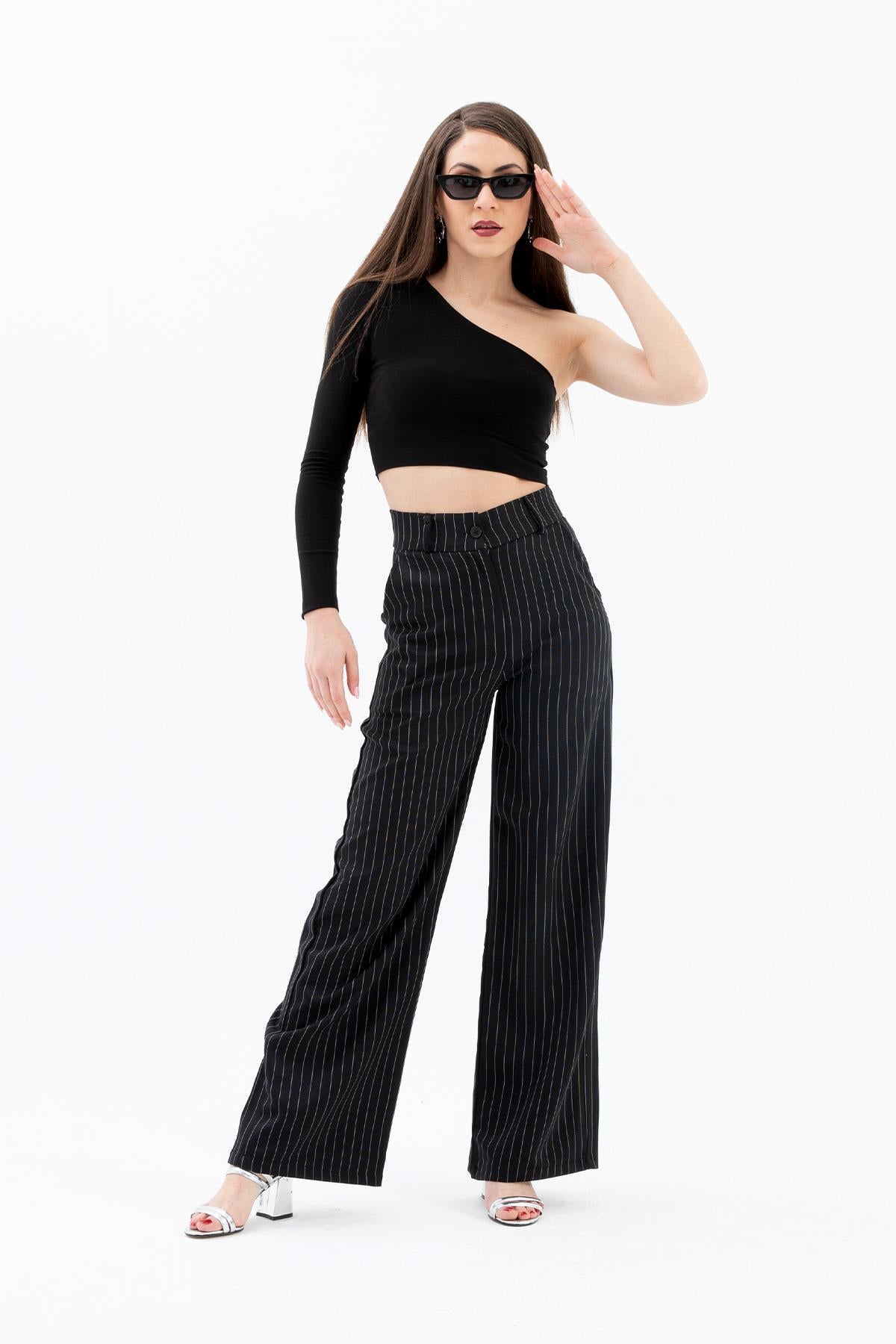 High Waist Striped Women's Palazzo Pants - Black - STREETMODE ™