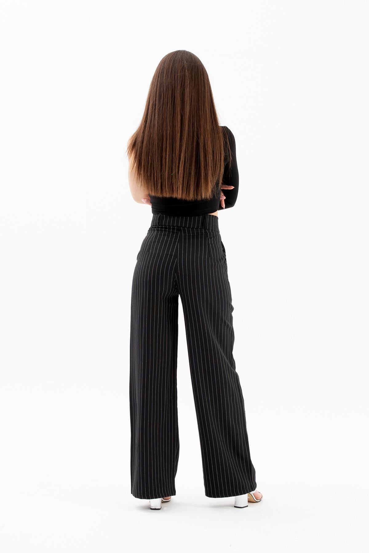 High Waist Striped Women's Palazzo Pants - Black - STREETMODE ™