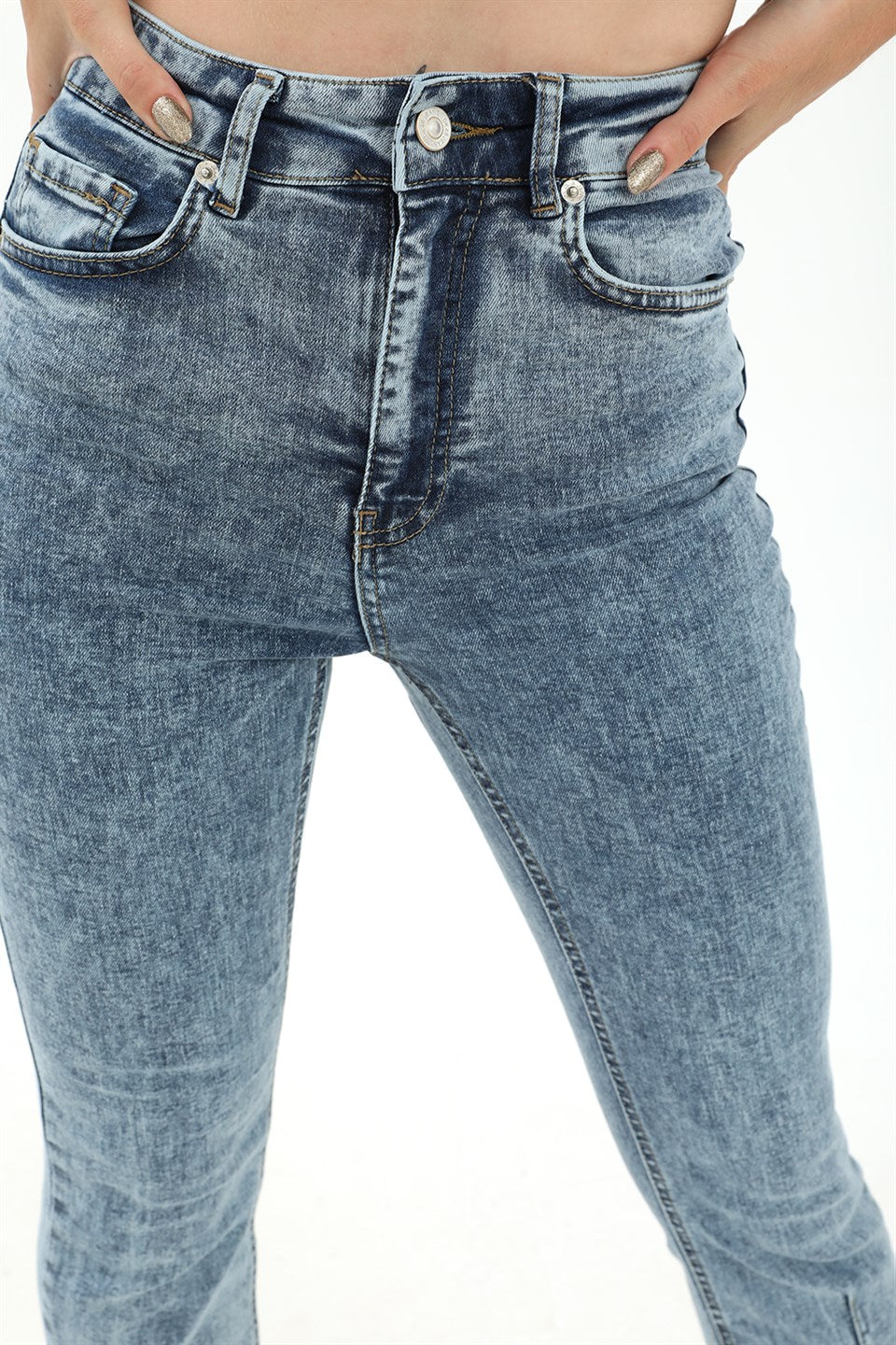 Women's High Waist Slit Lycra Denim Trousers - Blue - STREET MODE ™