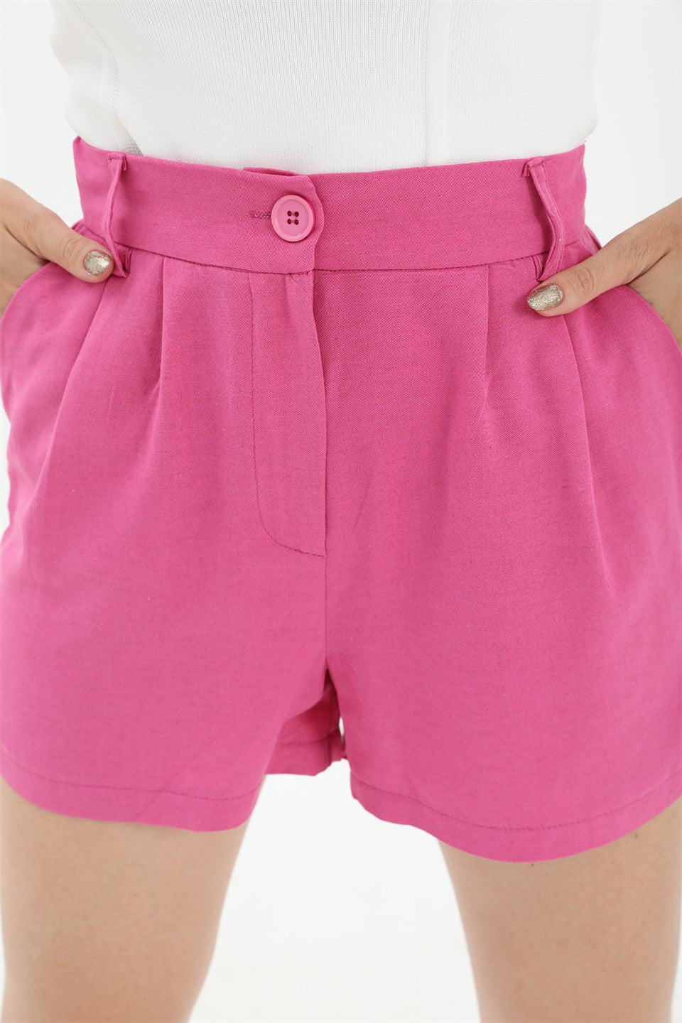 Women's High Waist Front Pleated Elastic Back Waist Linen Shorts - Fuchsia - STREET MODE ™