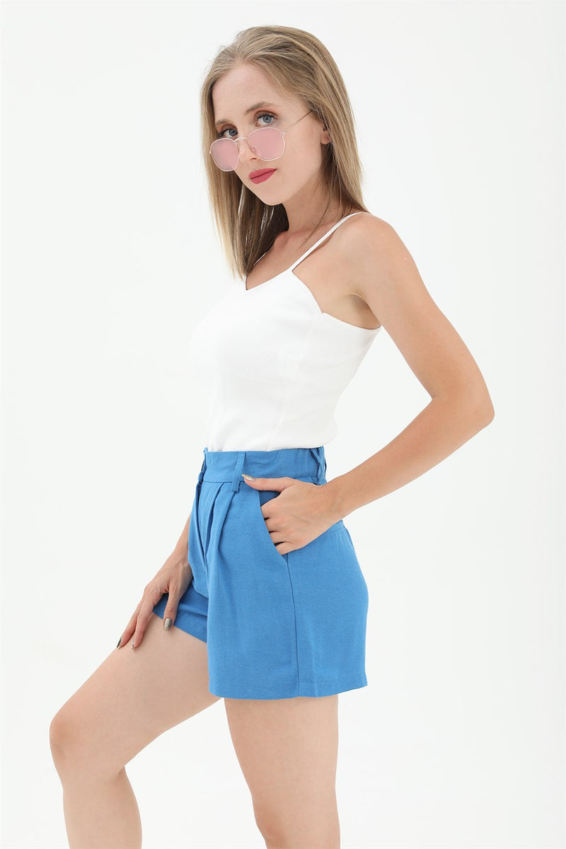 Women's High Waist Front Pleated Elastic Back Waist Linen Shorts - Saxe Blue - STREET MODE ™