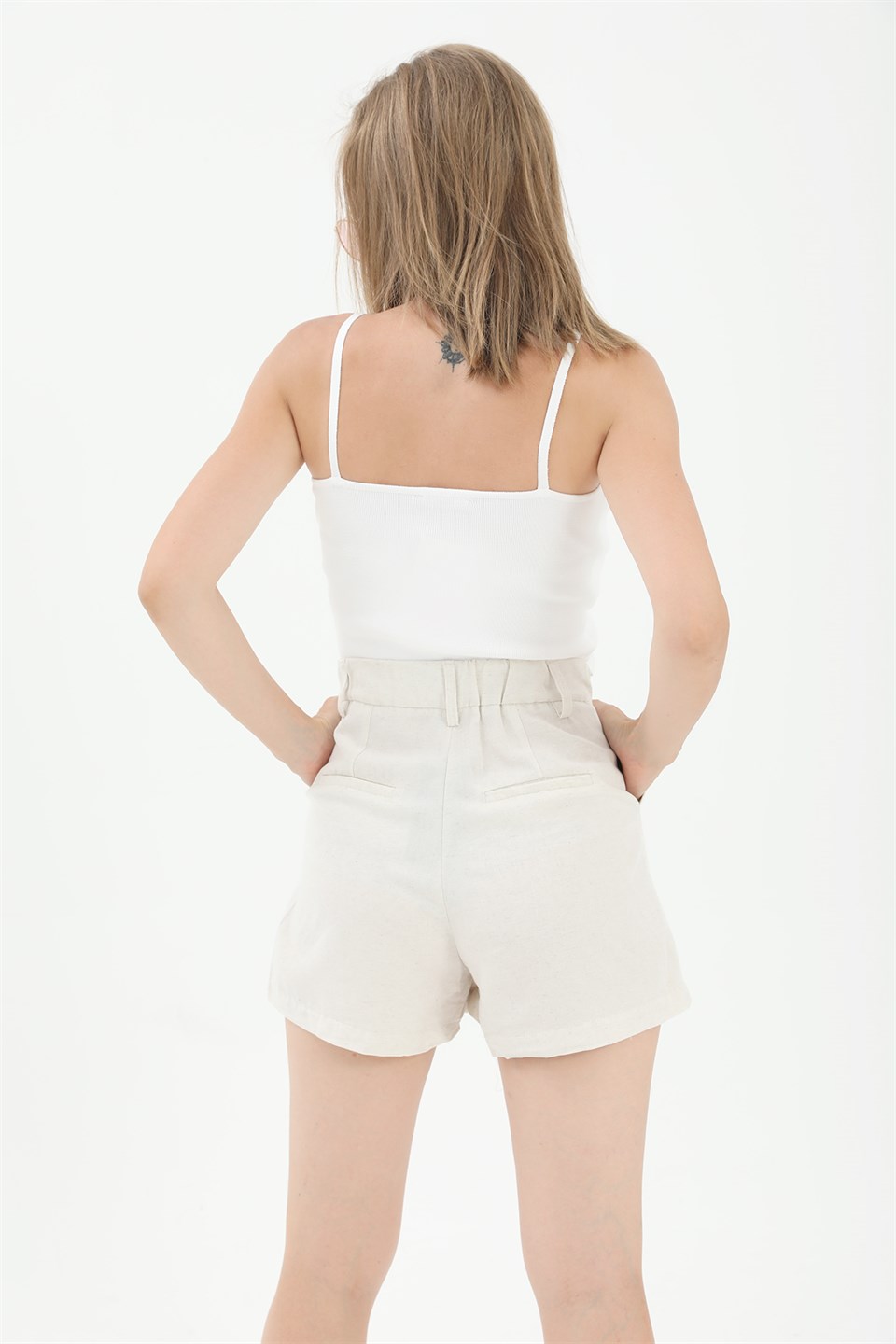 Women's High Waist Front Pleated Elastic Back Waist Linen Shorts - Stone - STREETMODE ™