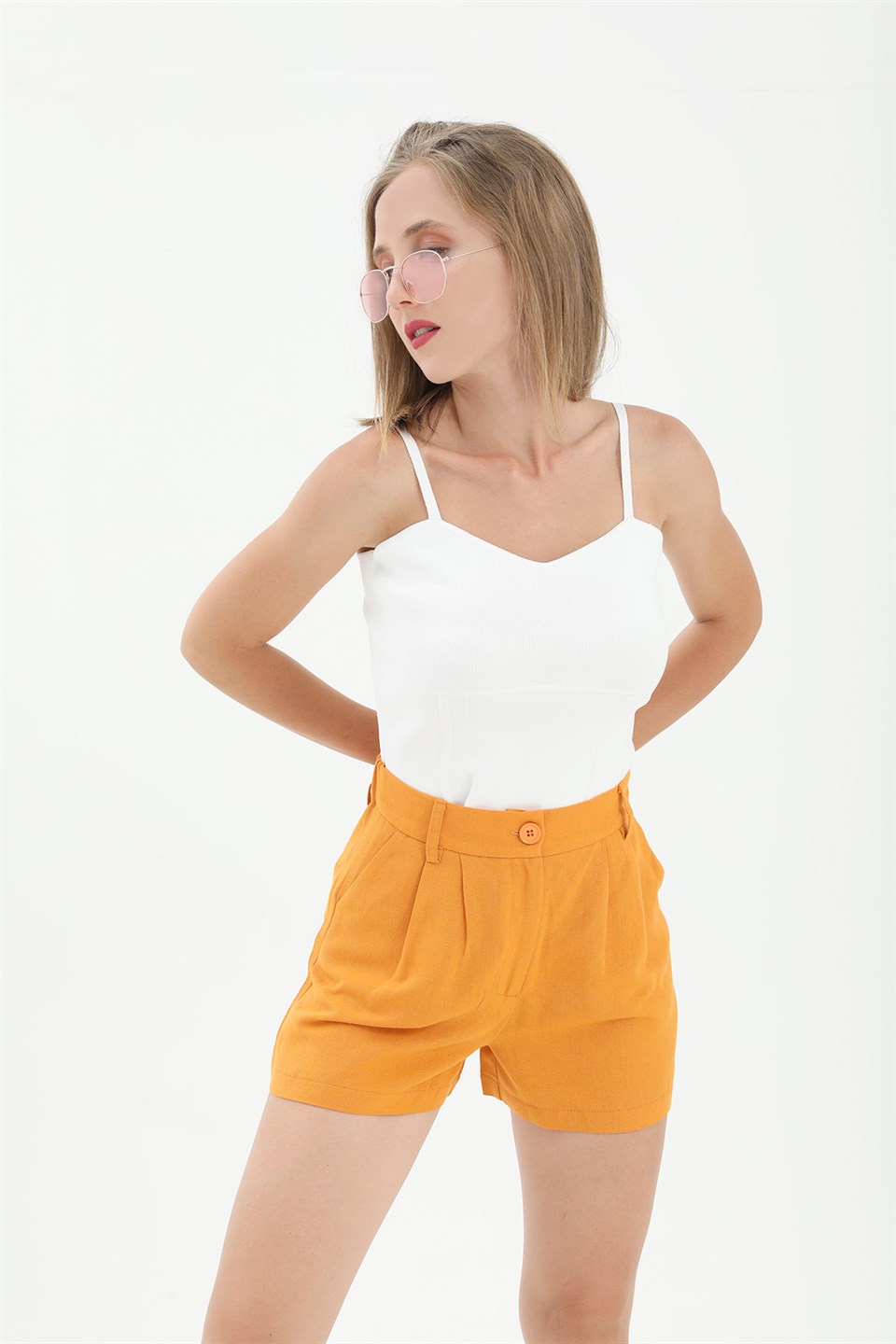 Women's High Waist Front Pleated Elastic Back Waist Linen Shorts - Orange - STREET MODE ™