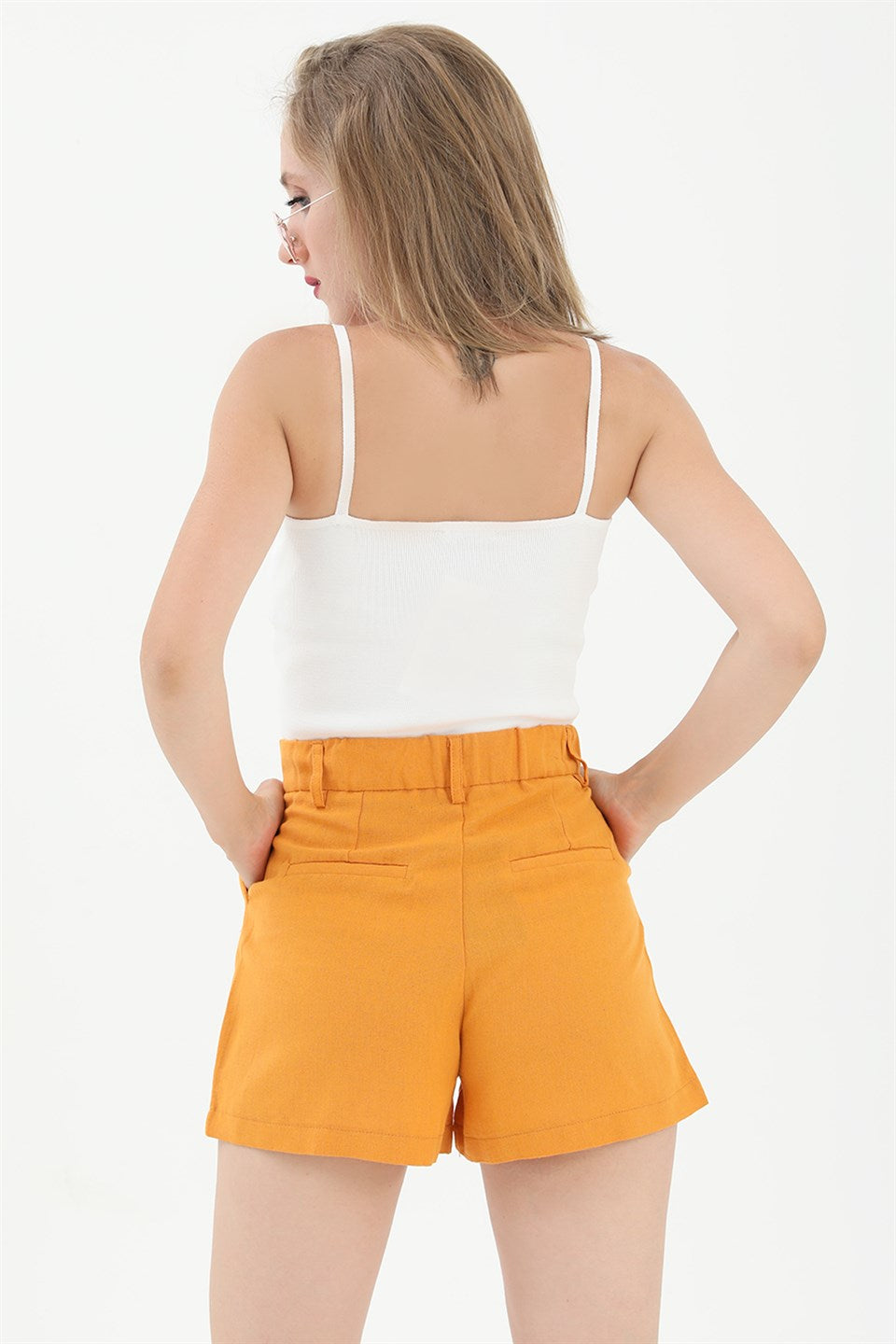 Women's High Waist Front Pleated Elastic Back Waist Linen Shorts - Orange - STREET MODE ™