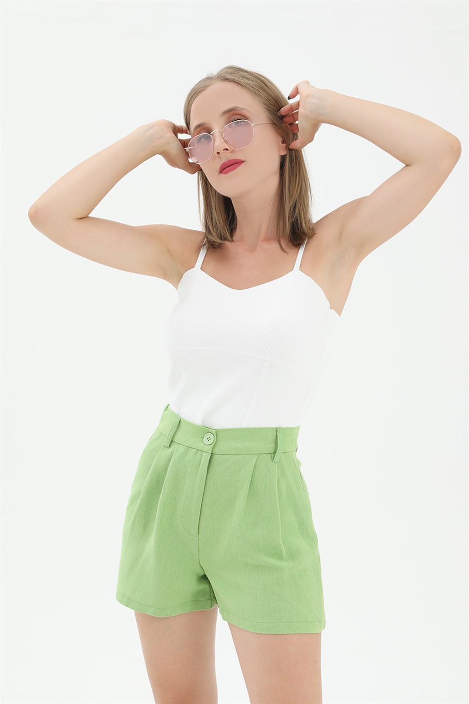 Women's High Waist Front Pleated Elastic Back Waist Linen Shorts - Green - STREET MODE ™