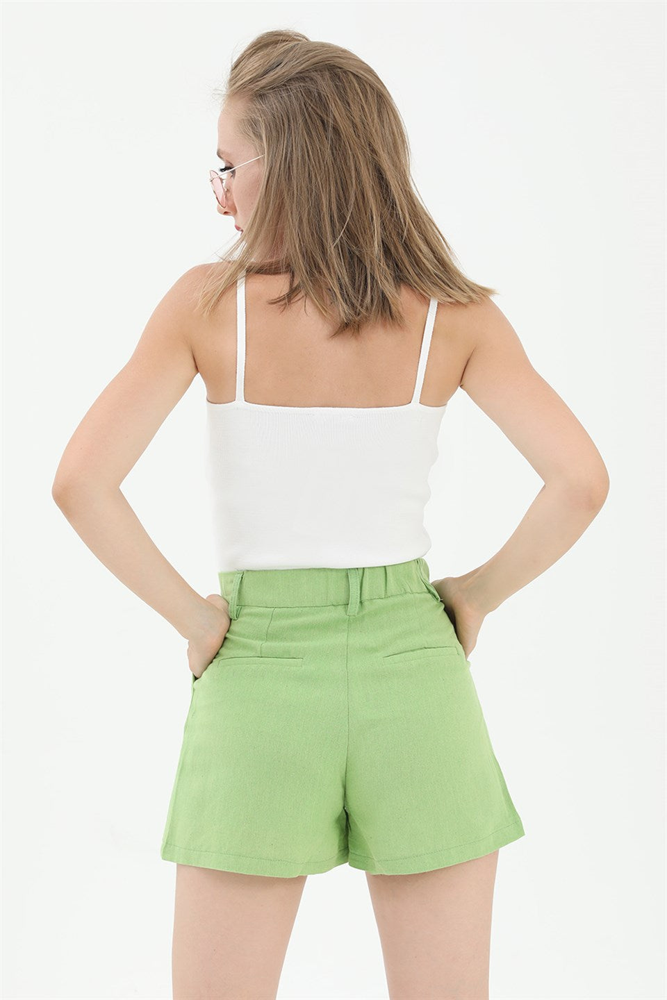 Women's High Waist Front Pleated Elastic Back Waist Linen Shorts - Green - STREET MODE ™