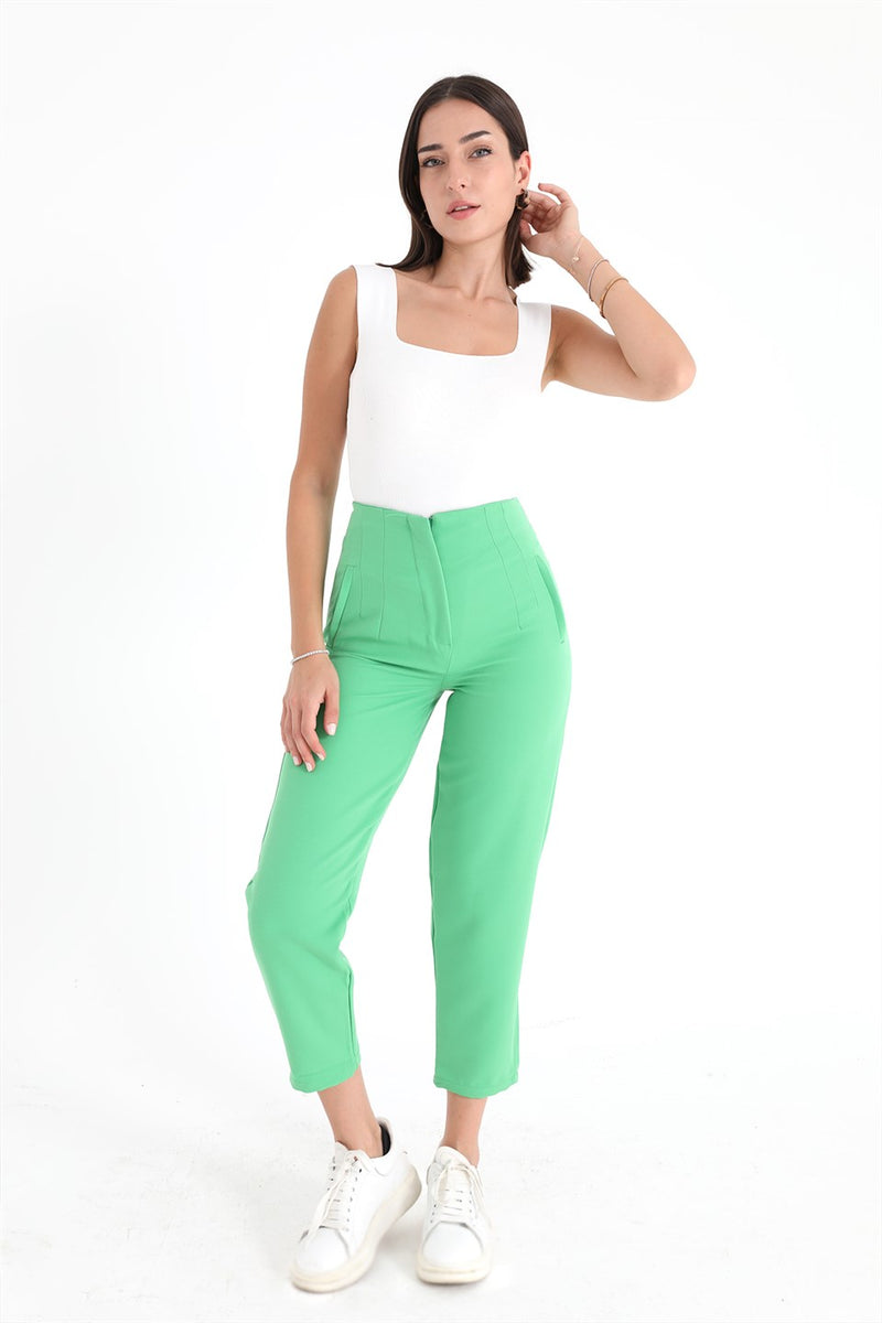 Women's High Waist Collared Atlas Fabric Trousers - Light Green - STREETMODE ™