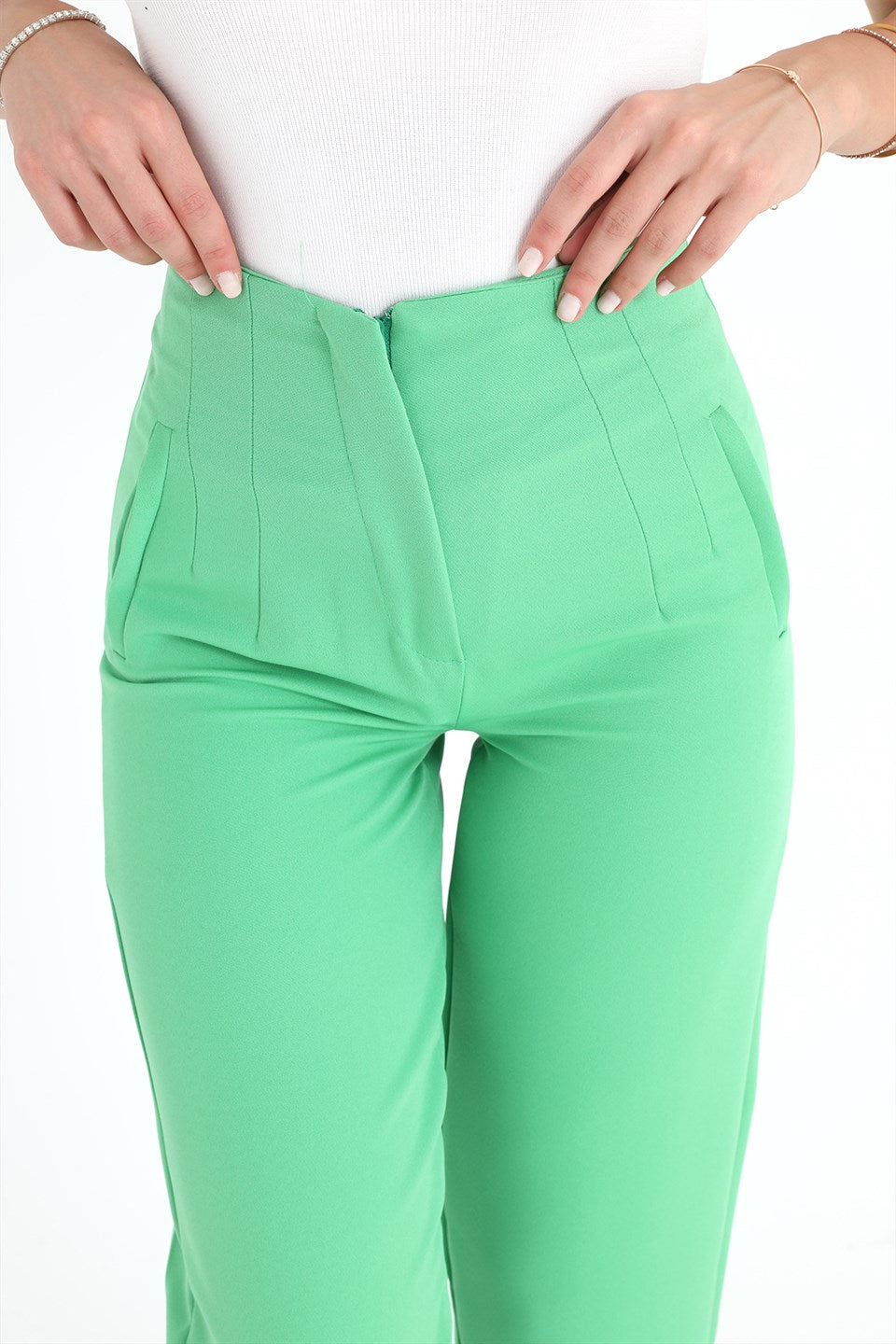 Women's High Waist Collared Atlas Fabric Trousers - Light Green - STREETMODE ™
