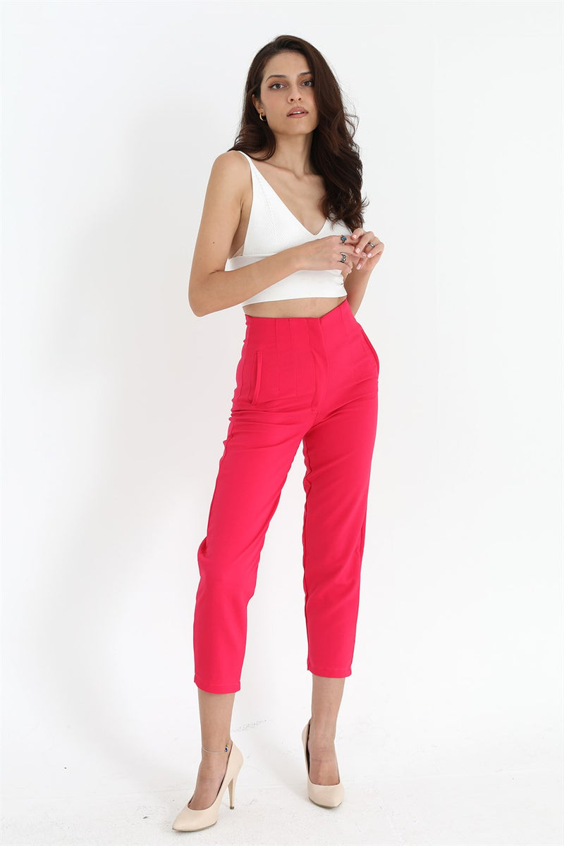 Women's High Waist Stretched Atlas Fabric Trousers - Fuchsia - STREET MODE ™