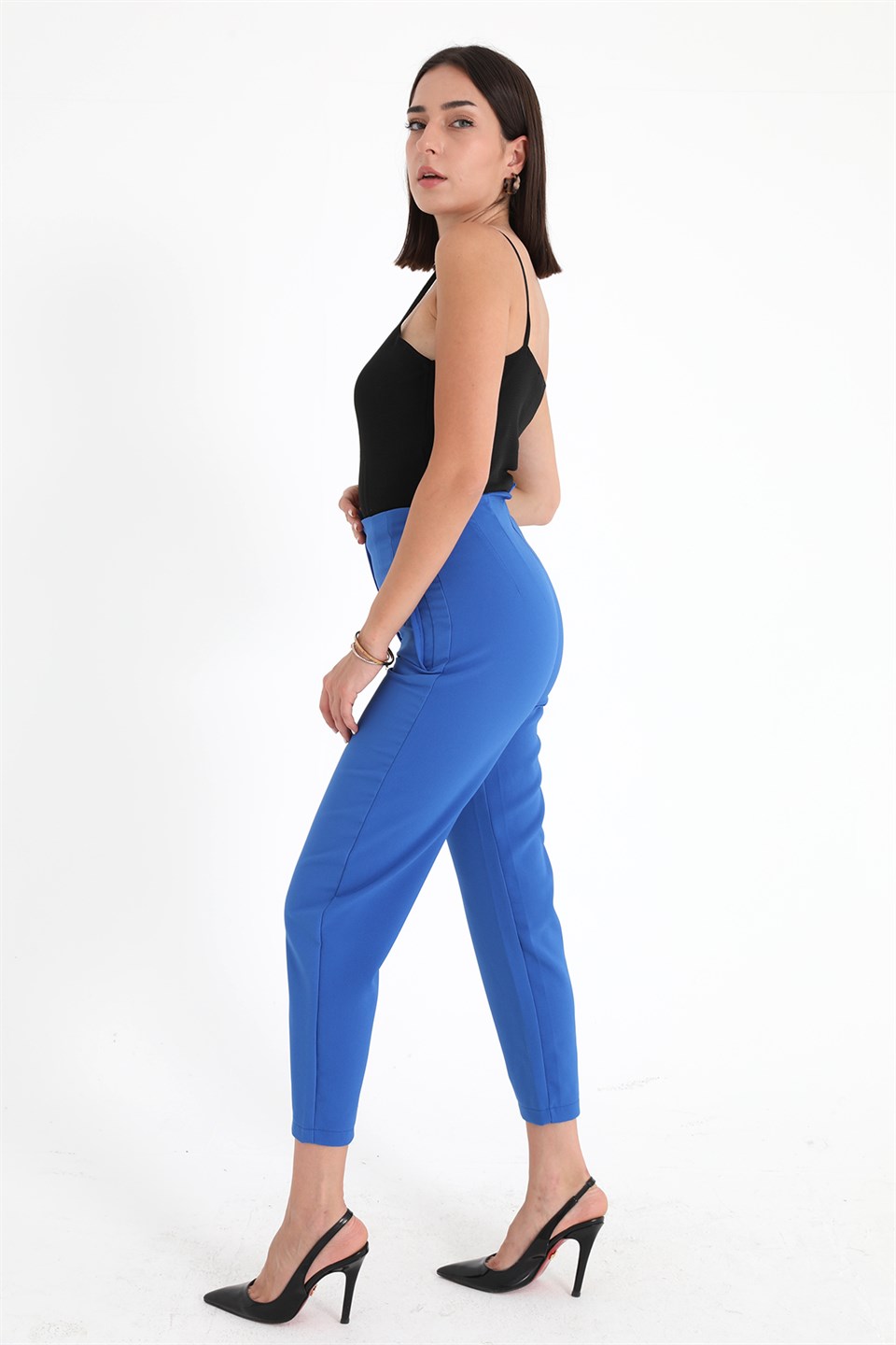 Women's High Waist Stretched Atlas Fabric Trousers - Sax Blue - STREETMODE ™