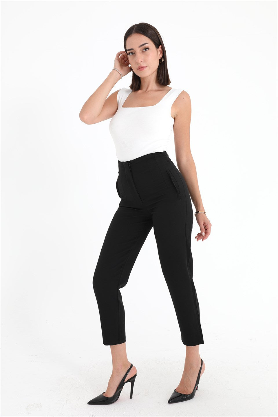 Women's High Waist Stretched Atlas Fabric Trousers - Black - STREETMODE ™