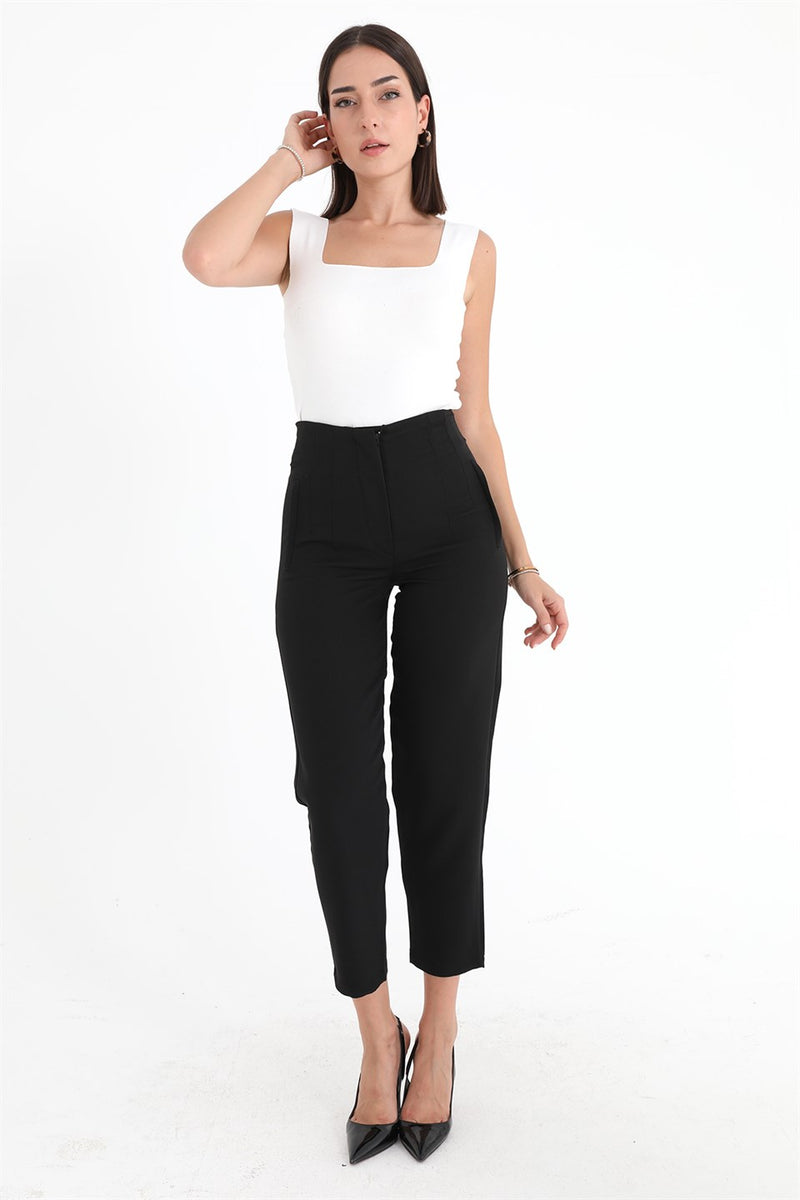 Women's High Waist Stretched Atlas Fabric Trousers - Black - STREETMODE ™