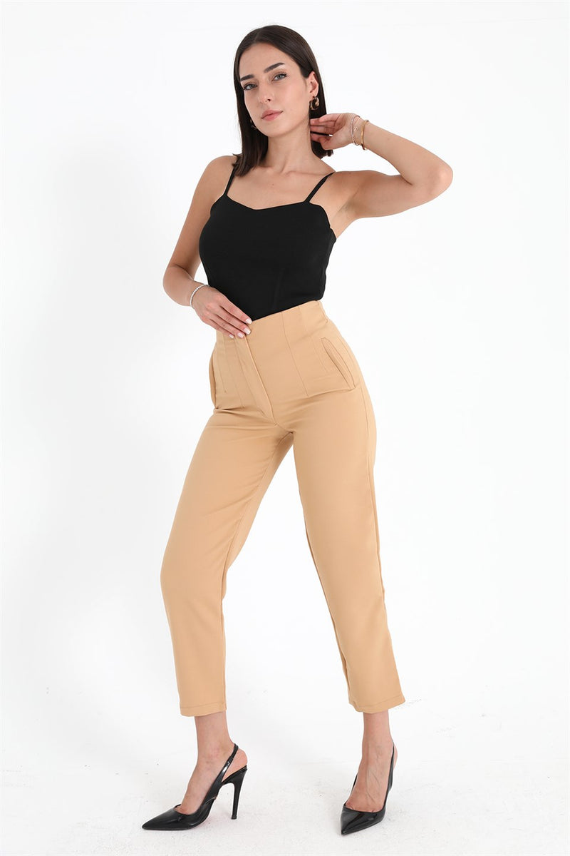 Women's High Waist Collared Atlas Fabric Trousers - Mink - STREETMODE ™