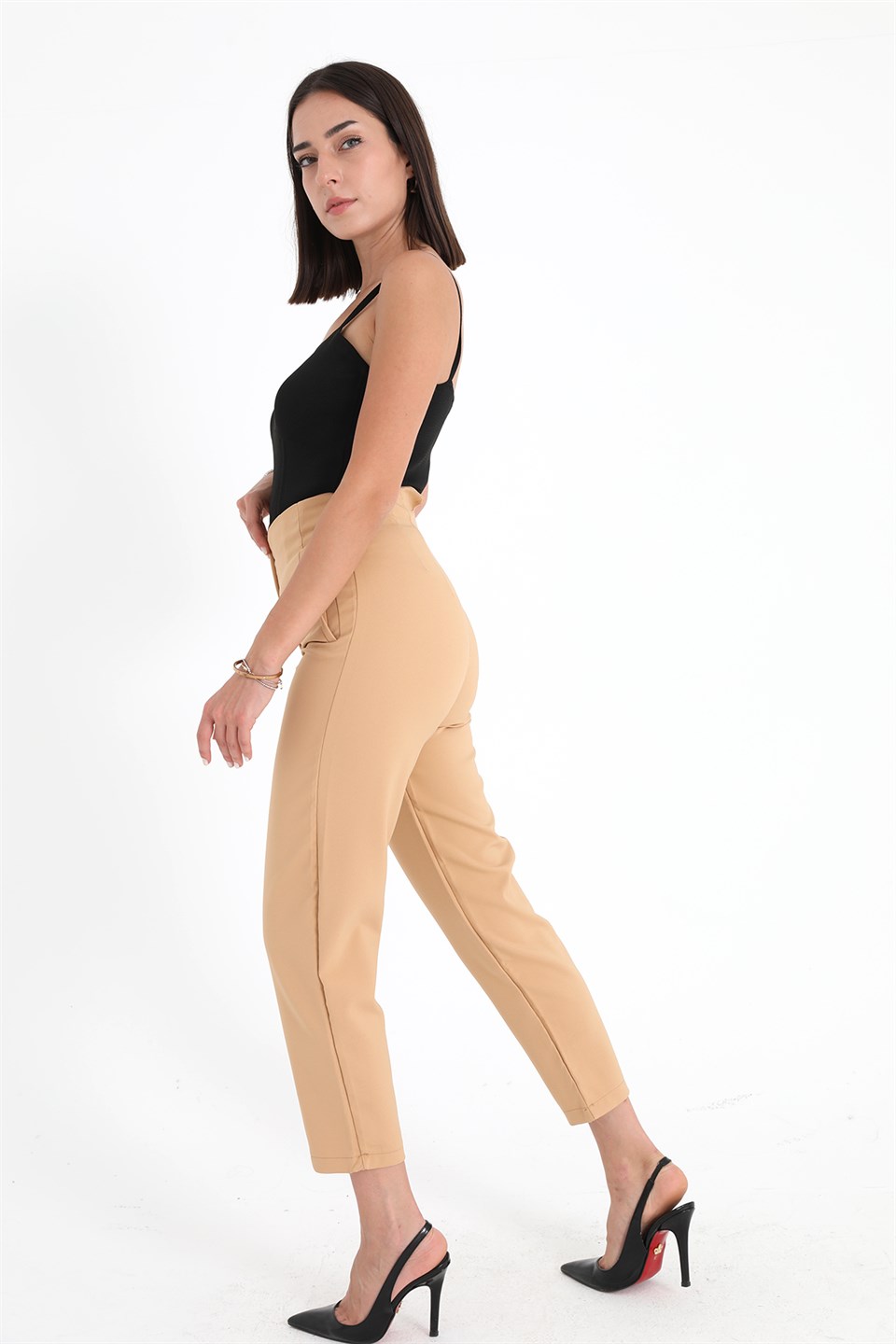 Women's High Waist Collared Atlas Fabric Trousers - Mink - STREETMODE ™
