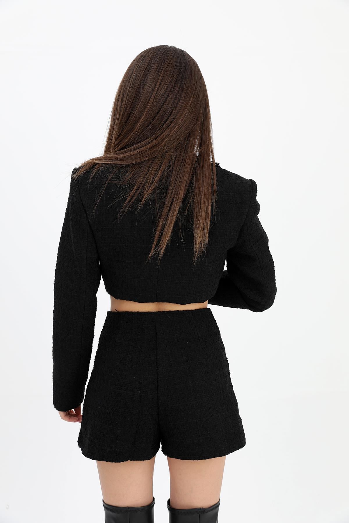 Women's High Waist Side Zipper Chanel Fabric Shorts Skirt - Black - STREETMODE ™