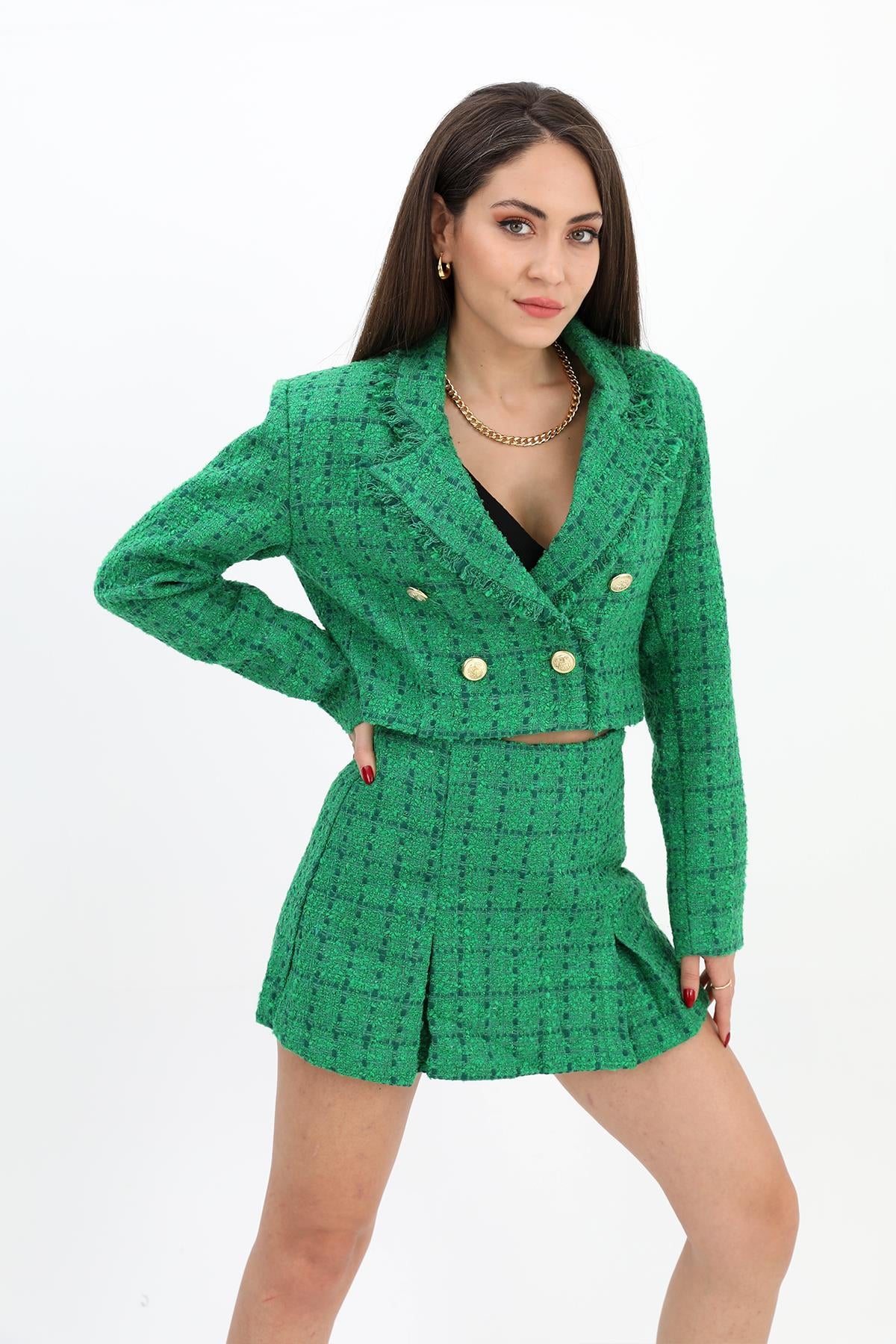 Women's High Waist Side Zipper Chanel Fabric Shorts Skirt - Green - STREETMODE ™