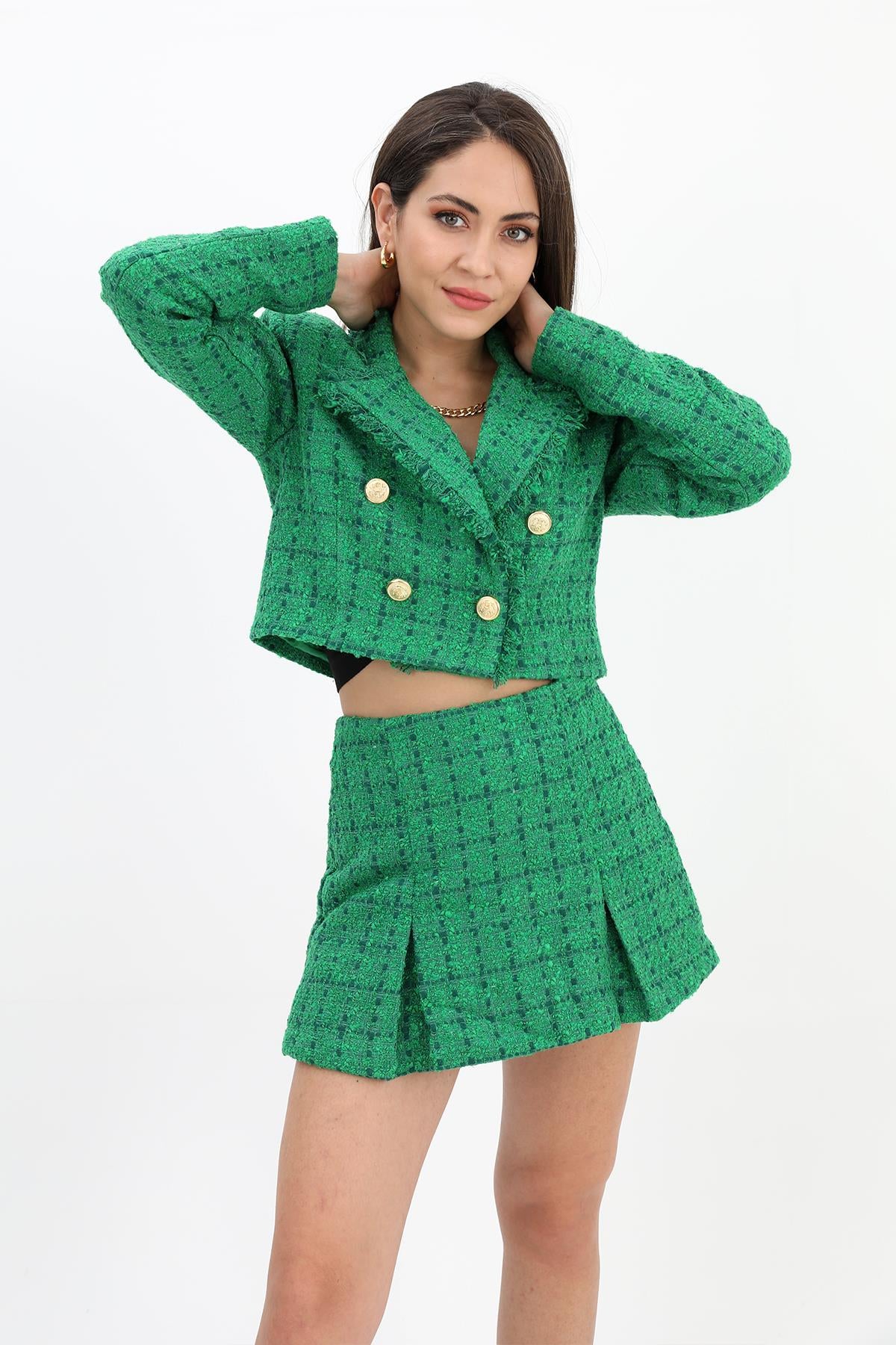 Women's High Waist Side Zipper Chanel Fabric Shorts Skirt - Green - STREETMODE ™