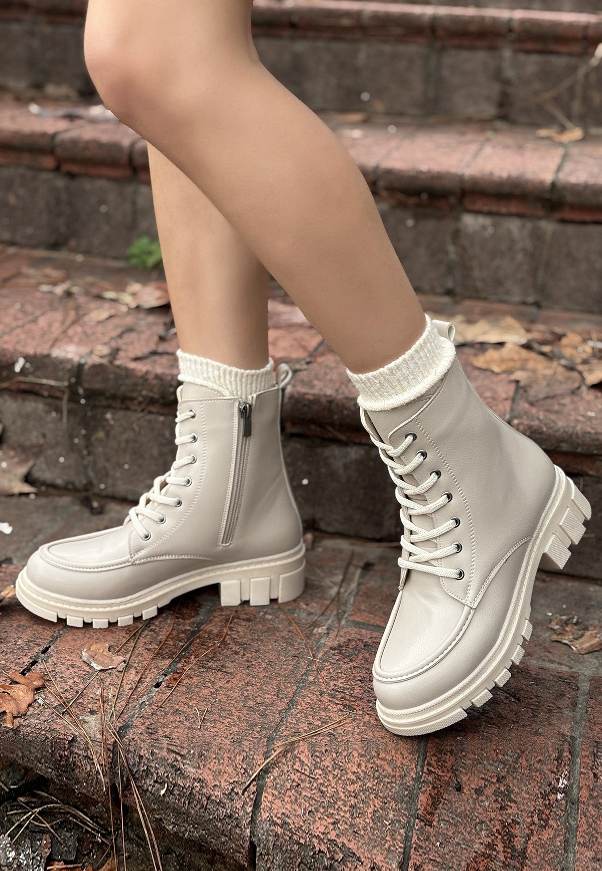 Women's Beige Leather Lace-Up Boots