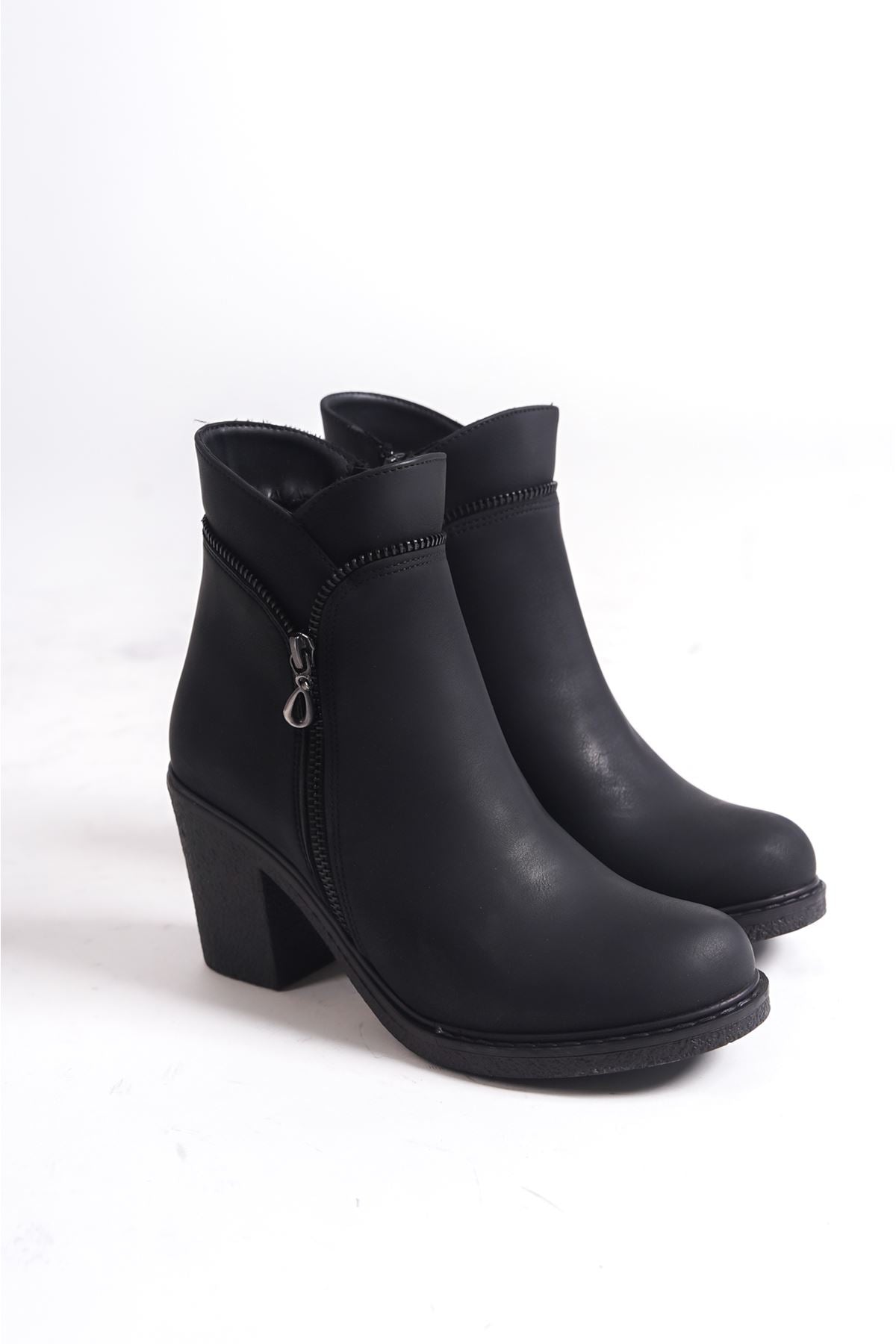 Zana Black Heeled Zippered Leather Women's Boots - STREETMODE ™