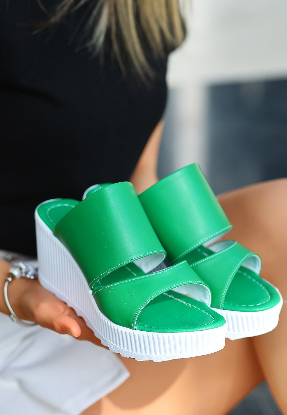 Women's Green Skin Wedge Heel Slippers - STREET MODE ™