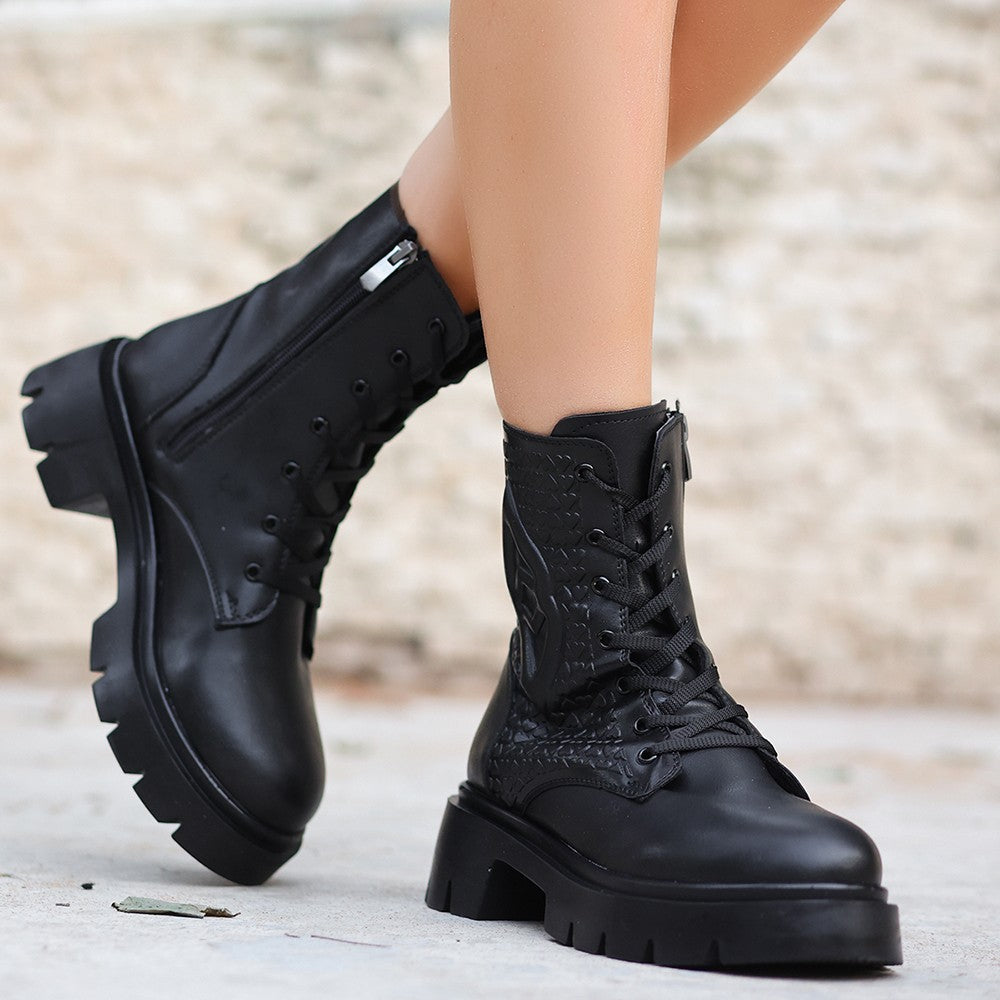 Women's Ziara Black Leather Laced Boots - STREETMODE ™