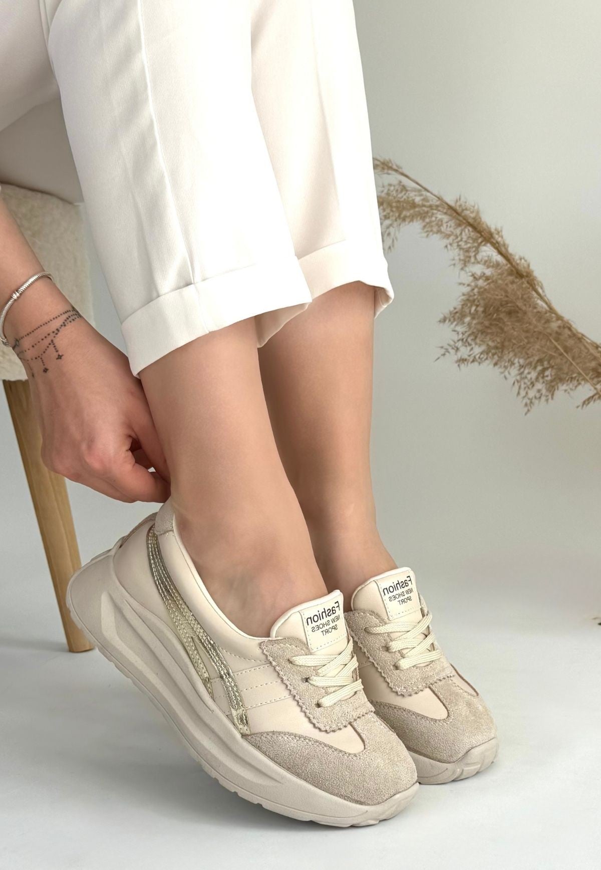 Women's Beige Skin Goal Detailed Sneakers