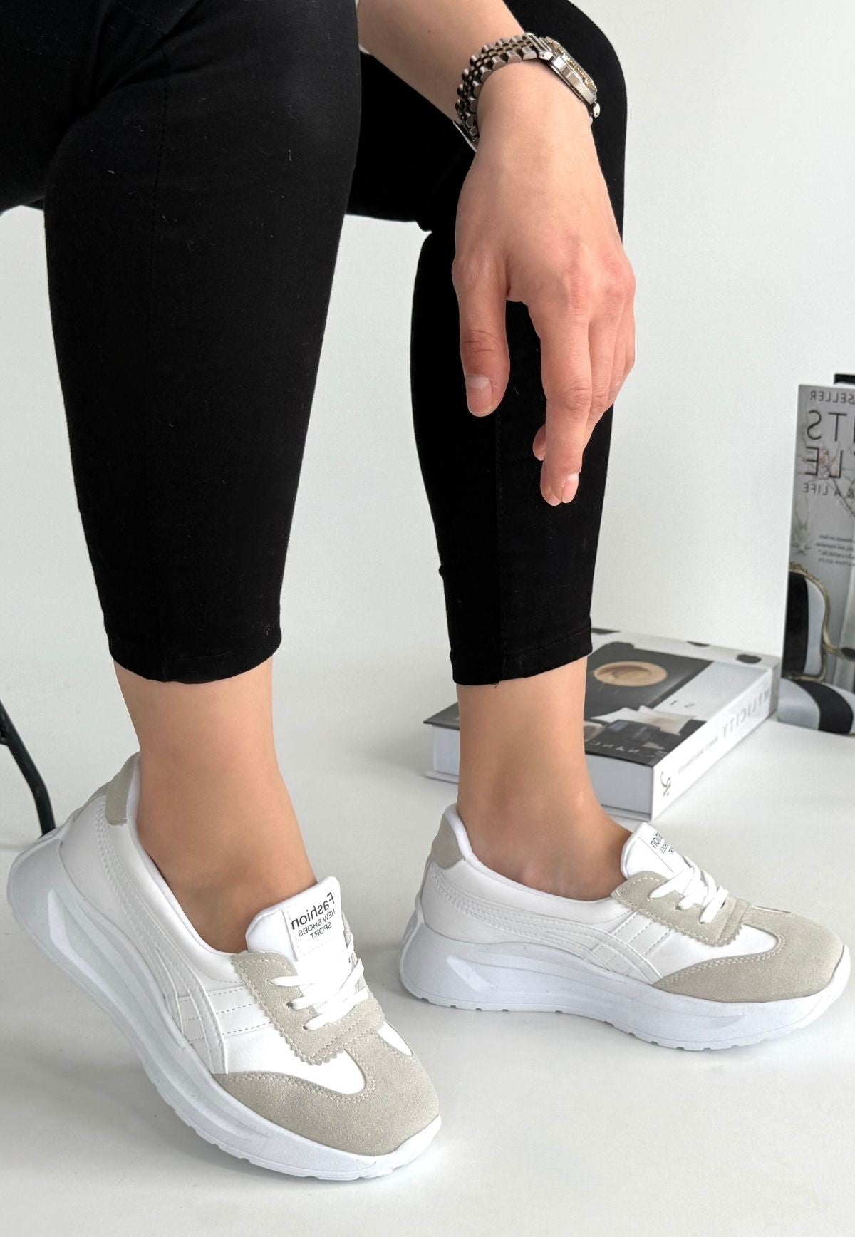 Women's White Leather Lace-Up Sneakers