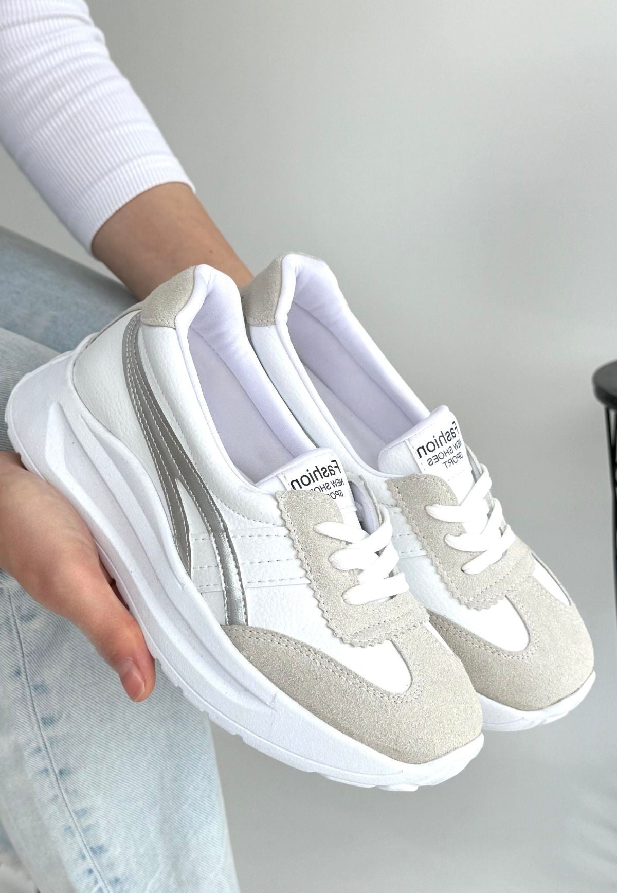 Women's White Skin Gray Detailed Sneakers