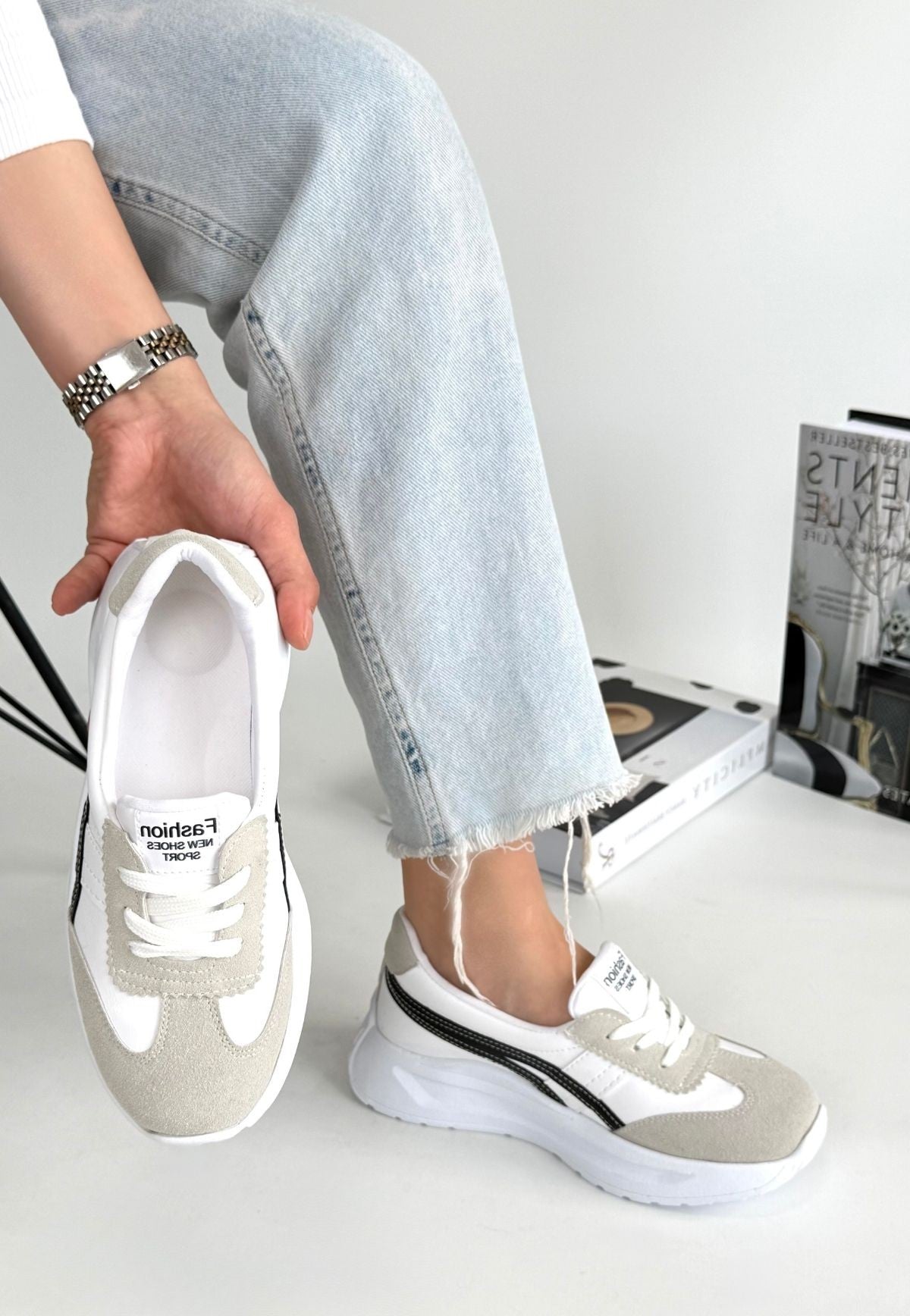 Women's White Skin Black Detailed Sneakers