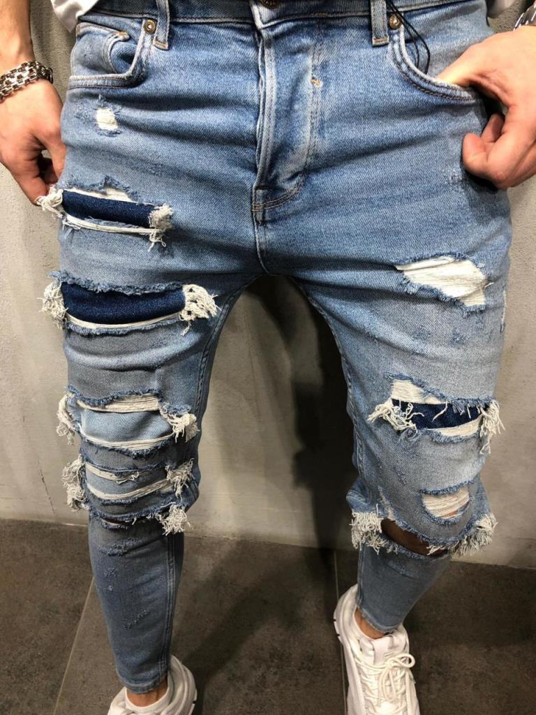 Blue Full Laser Cut - Premium Patched Jeans - STREET MODE ™