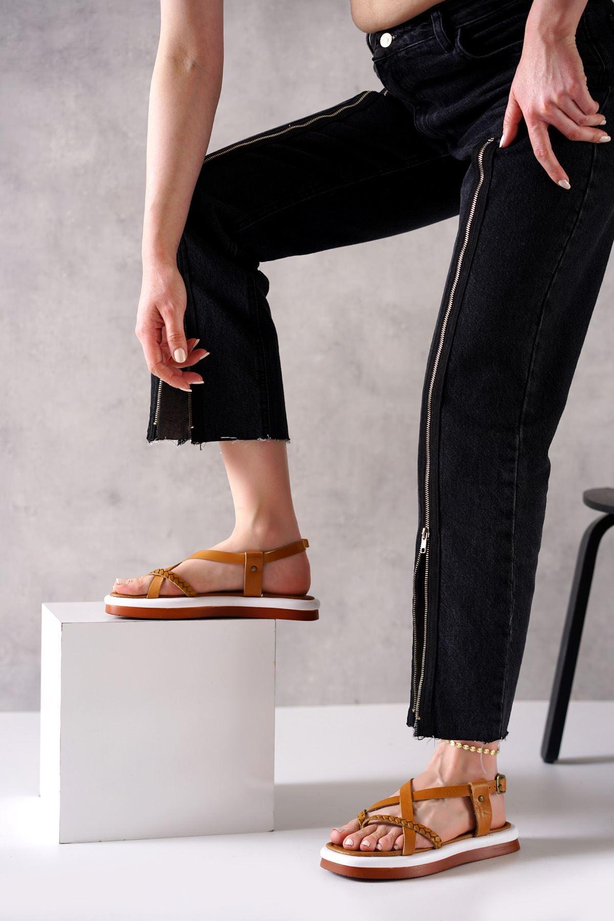 Alaçatı Genuine Leather Brown Women's Sandals - STREET MODE ™