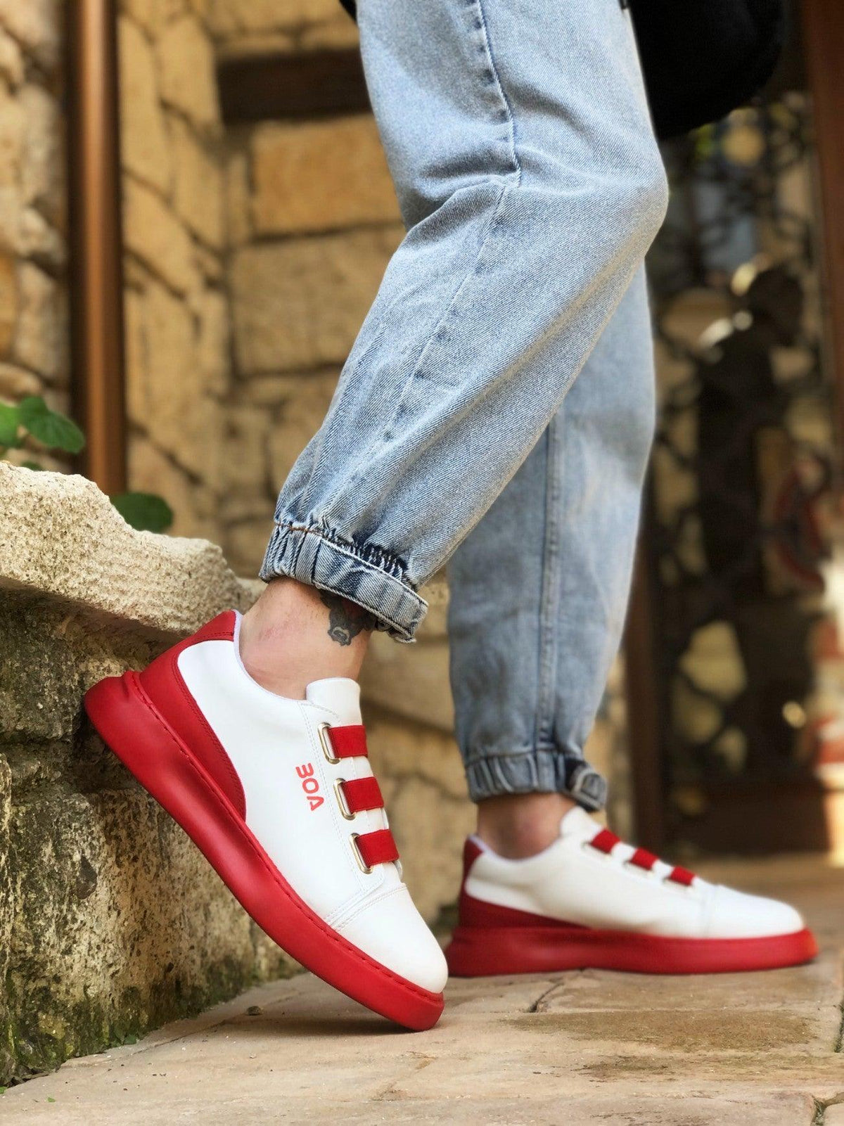 BA0329 3-Stripes White Red Detailed Thick Sole Men's Casual Shoes - STREET MODE ™