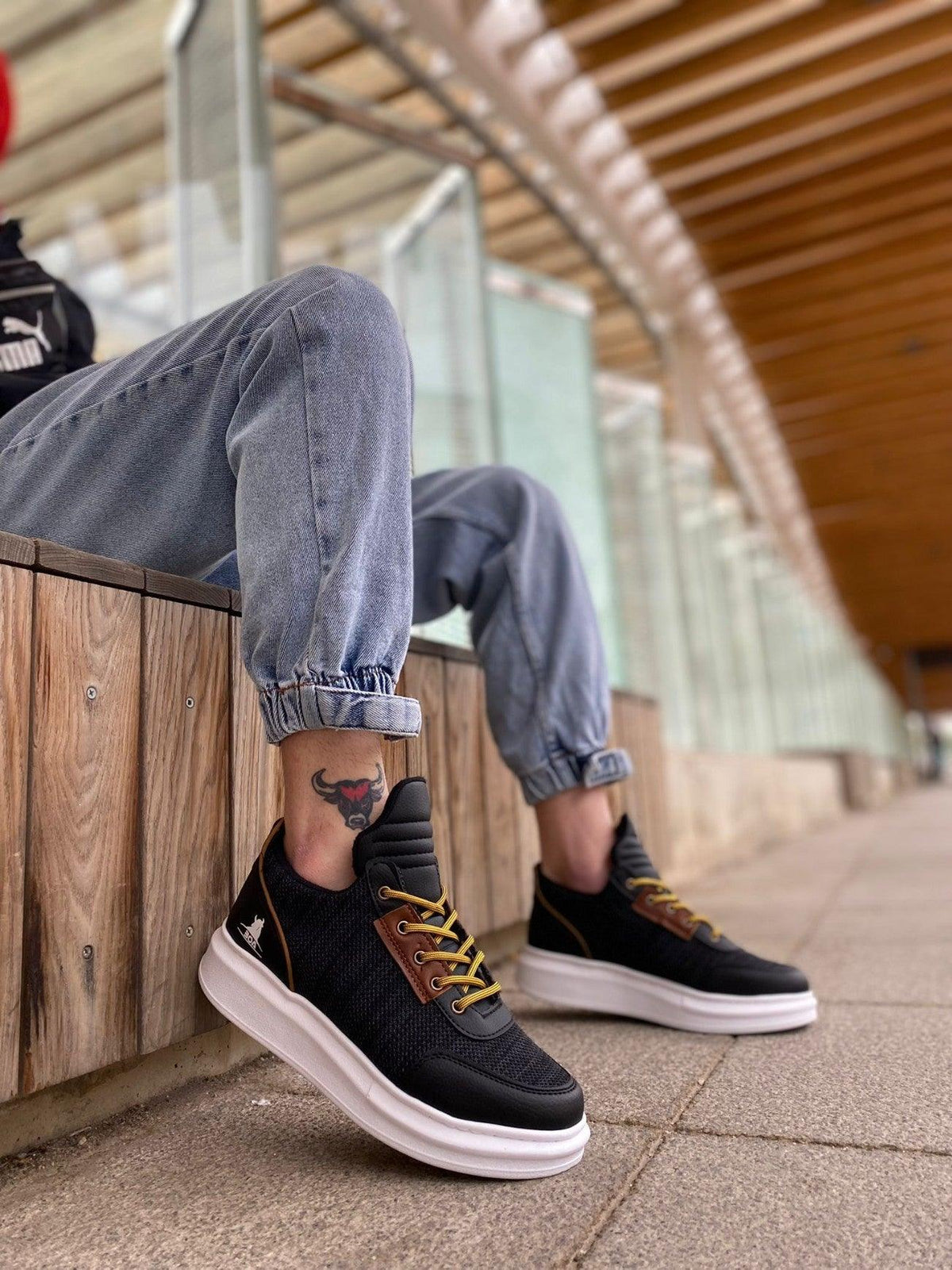 BA0606 Lace-up Comfortable High Sole Black Patterned Casual Men's Sneakers - STREET MODE ™