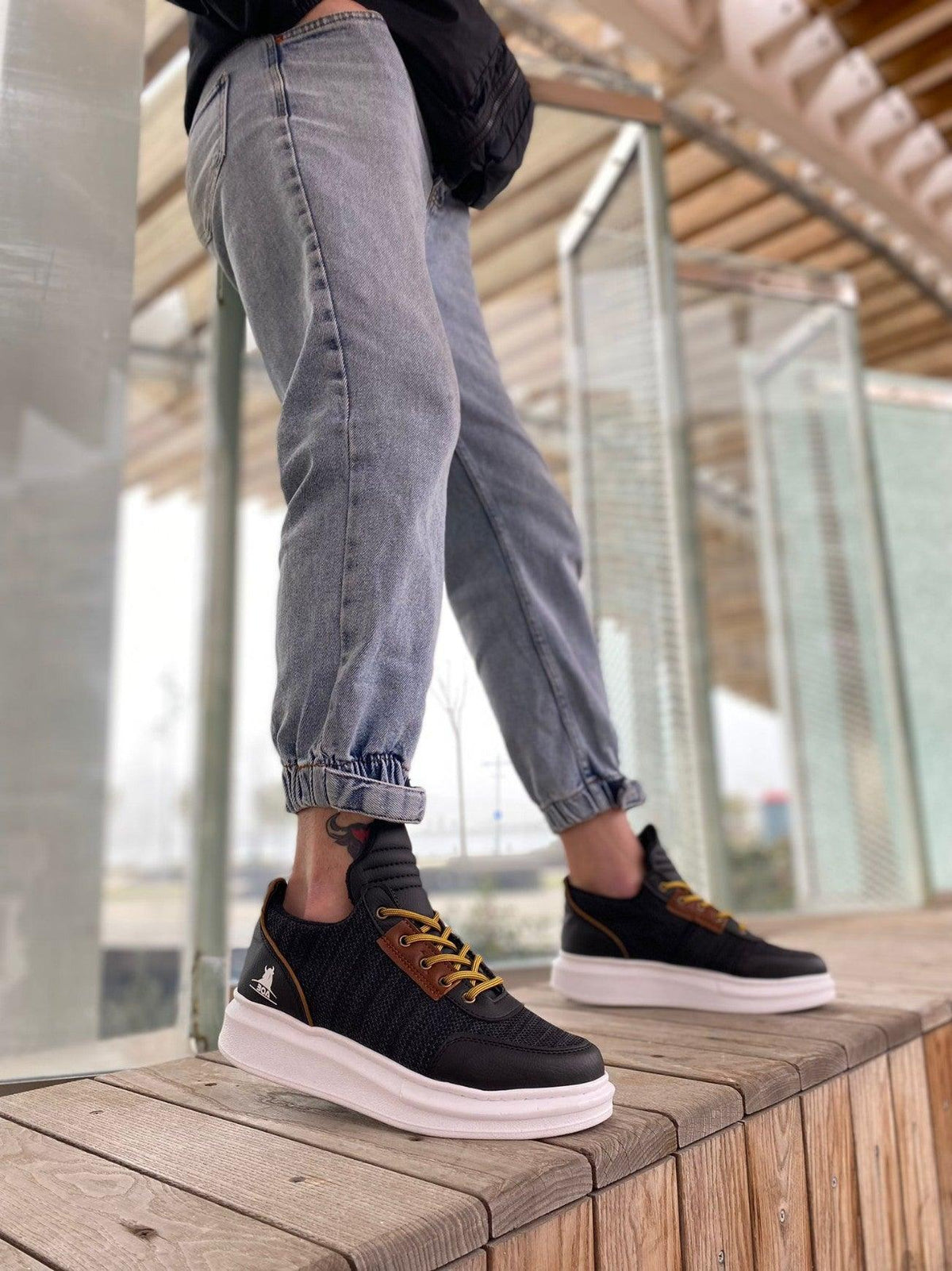 BA0606 Lace-up Comfortable High Sole Black Patterned Casual Men's Sneakers - STREET MODE ™