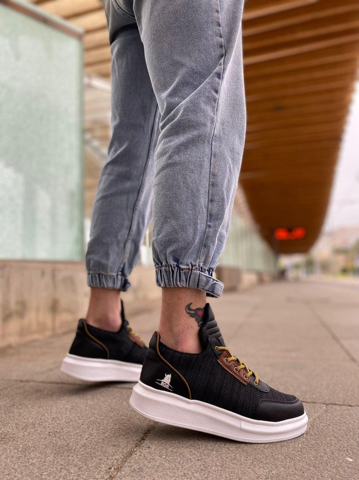 BA0606 Lace-up Comfortable High Sole Black Patterned Casual Men's Sneakers - STREET MODE ™